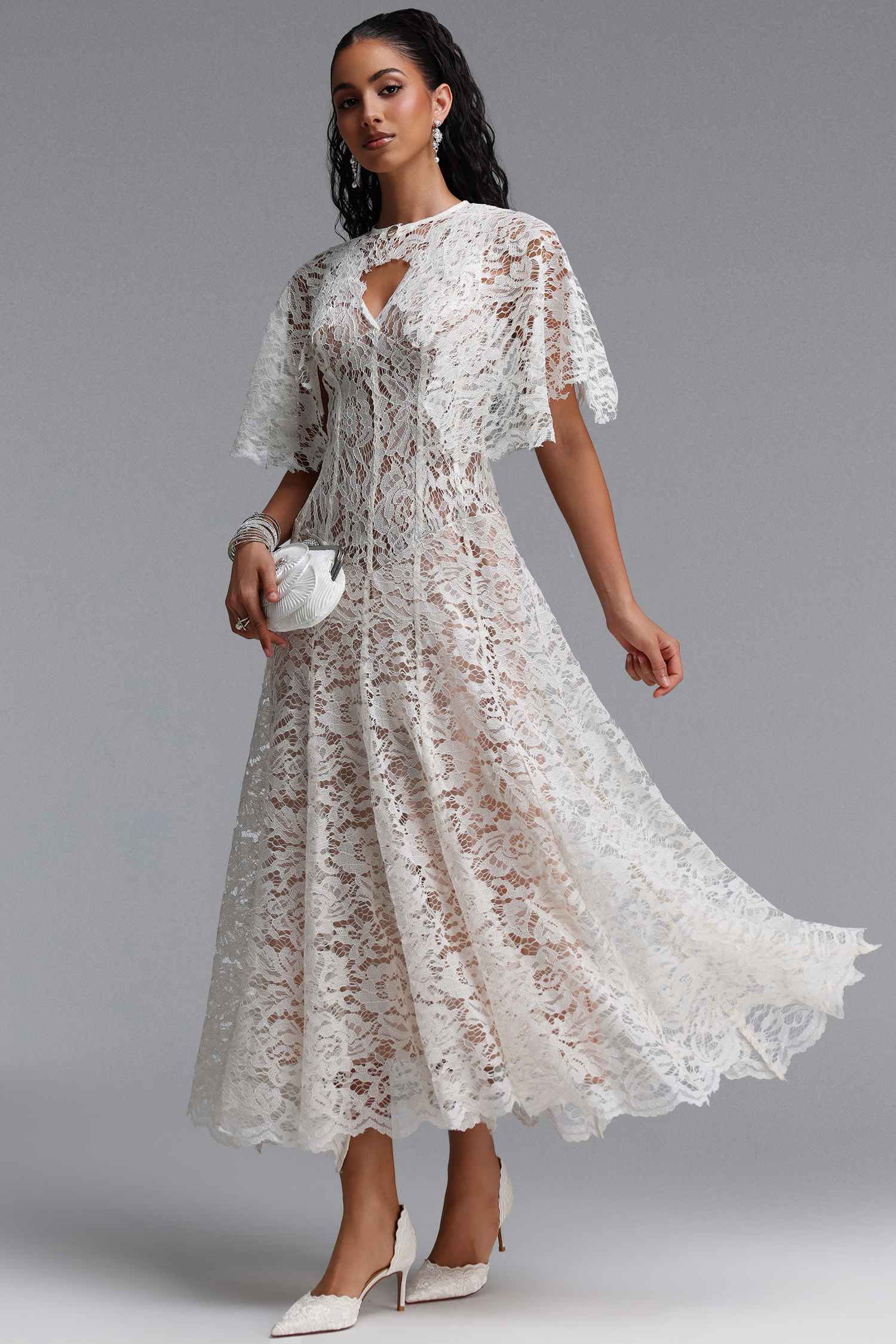 Jana Elegant Cinched Waist V Neck Cape Lace Maxi Dress
