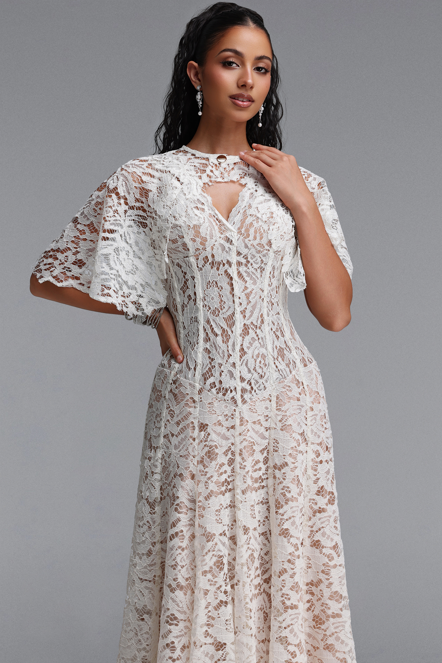 Jana Elegant Cinched Waist V Neck Cape Lace Maxi Dress
