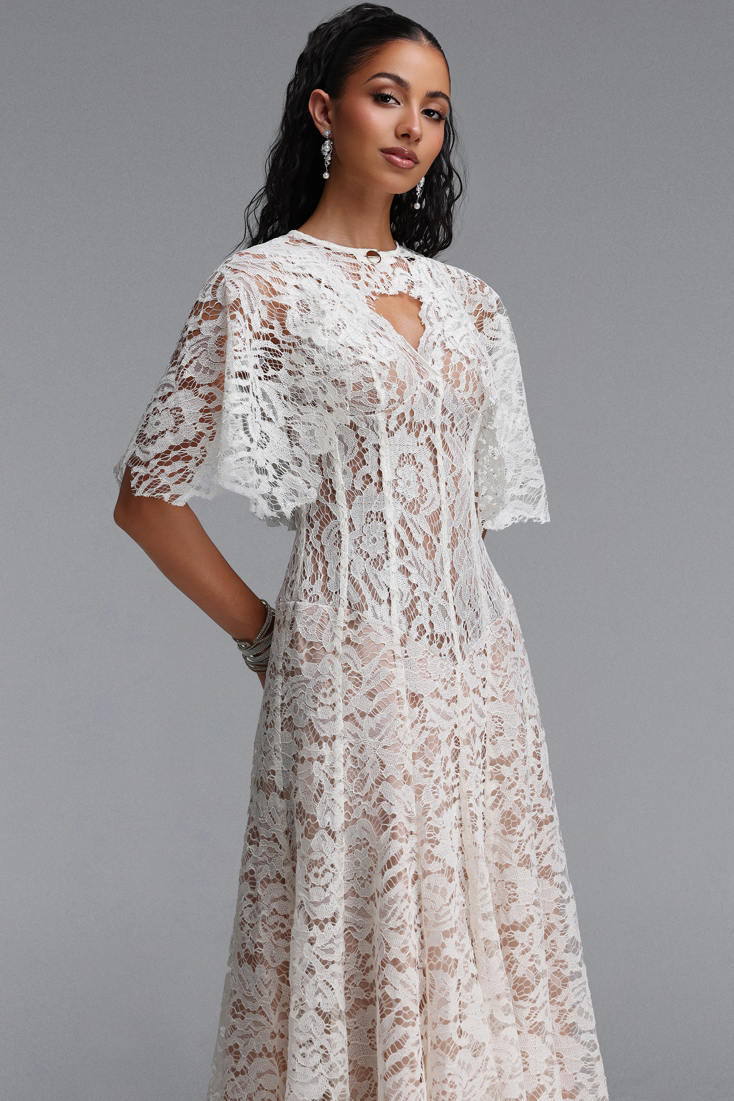 Jana Elegant Cinched Waist V Neck Cape Lace Maxi Dress
