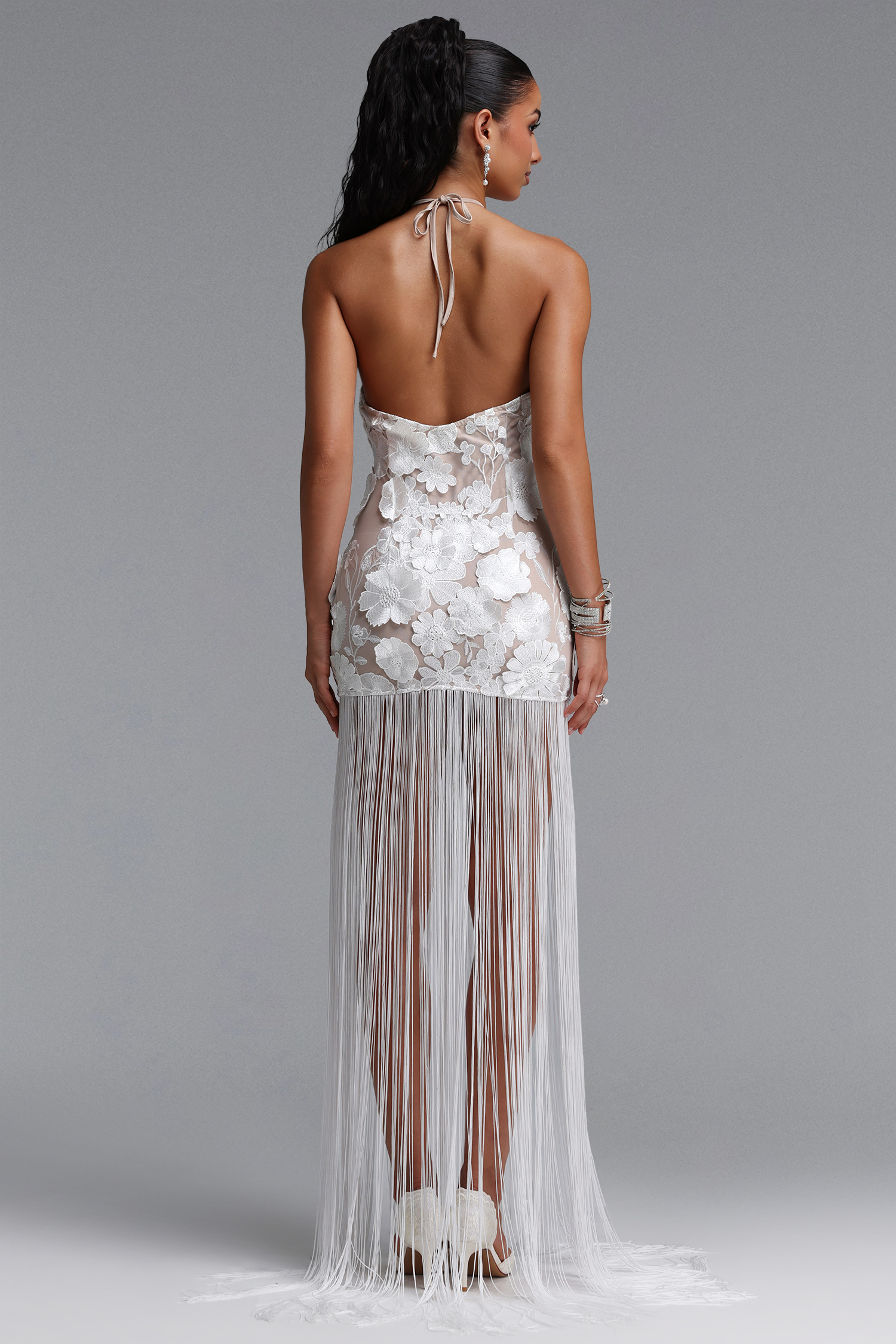 Lori Elegant Contour Halter Floral Tassel Woven Maxi Dress
