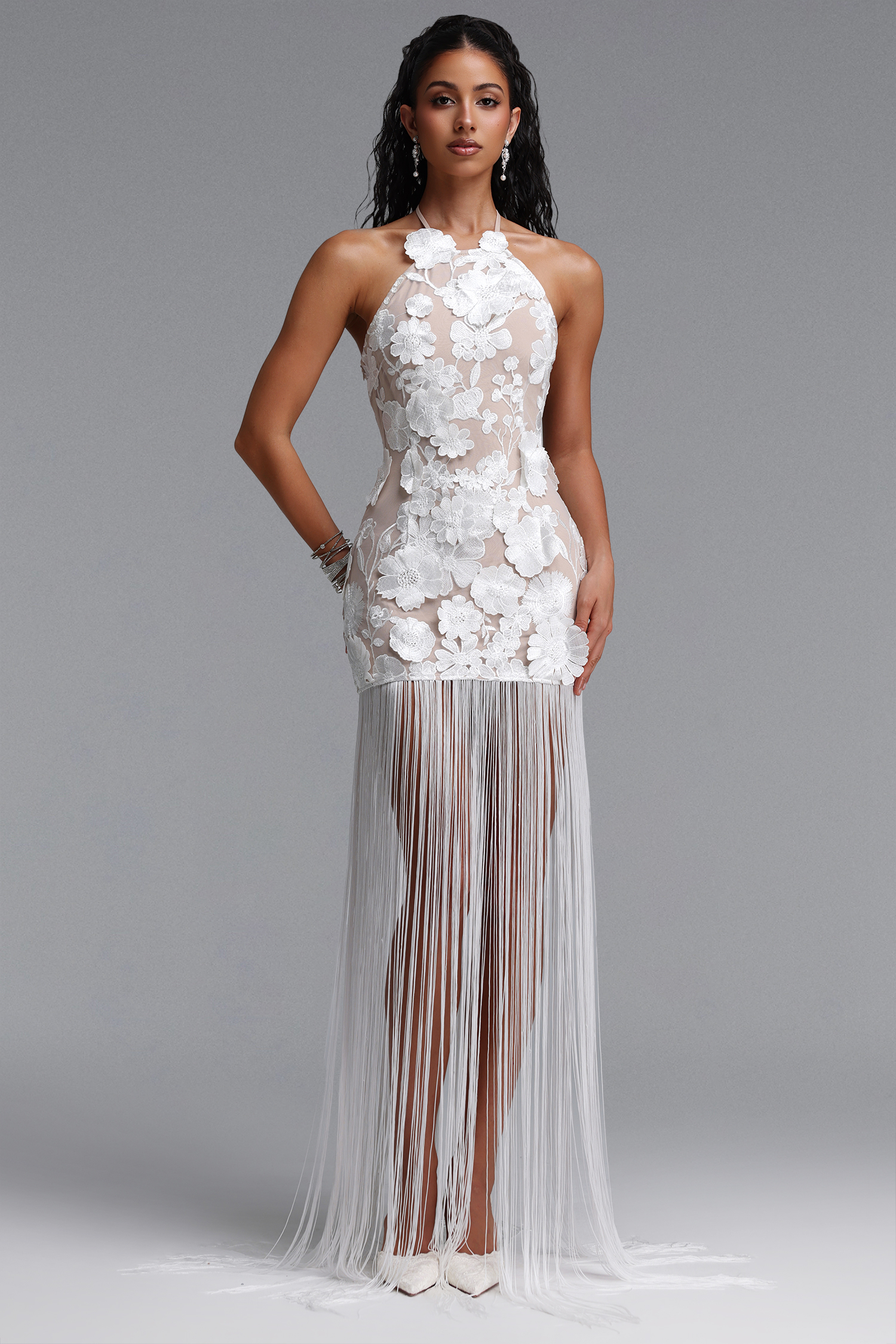 Lori Elegant Contour Halter Floral Tassel Woven Maxi Dress