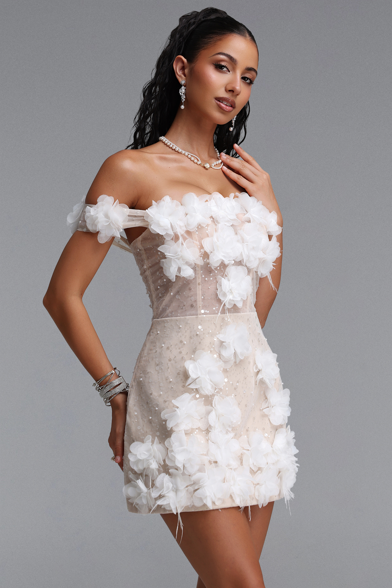 Vilina Elegant Contour Off Shoulder Knit Sequin Floral Woven Mini Dress