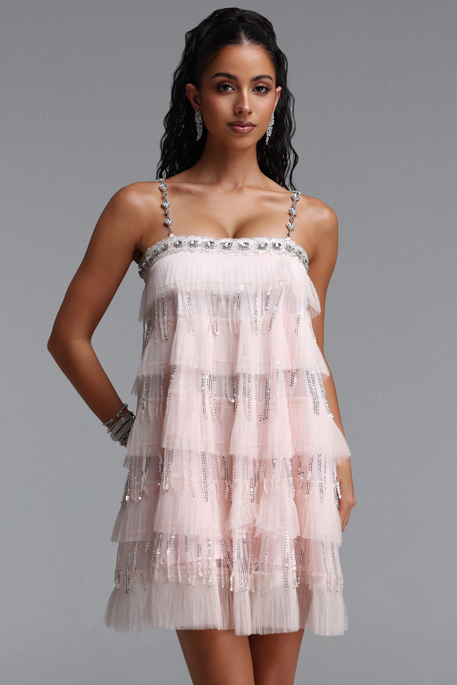 Umeko Elegant Flowy Tiered Ruffle Sequin Mini Dress