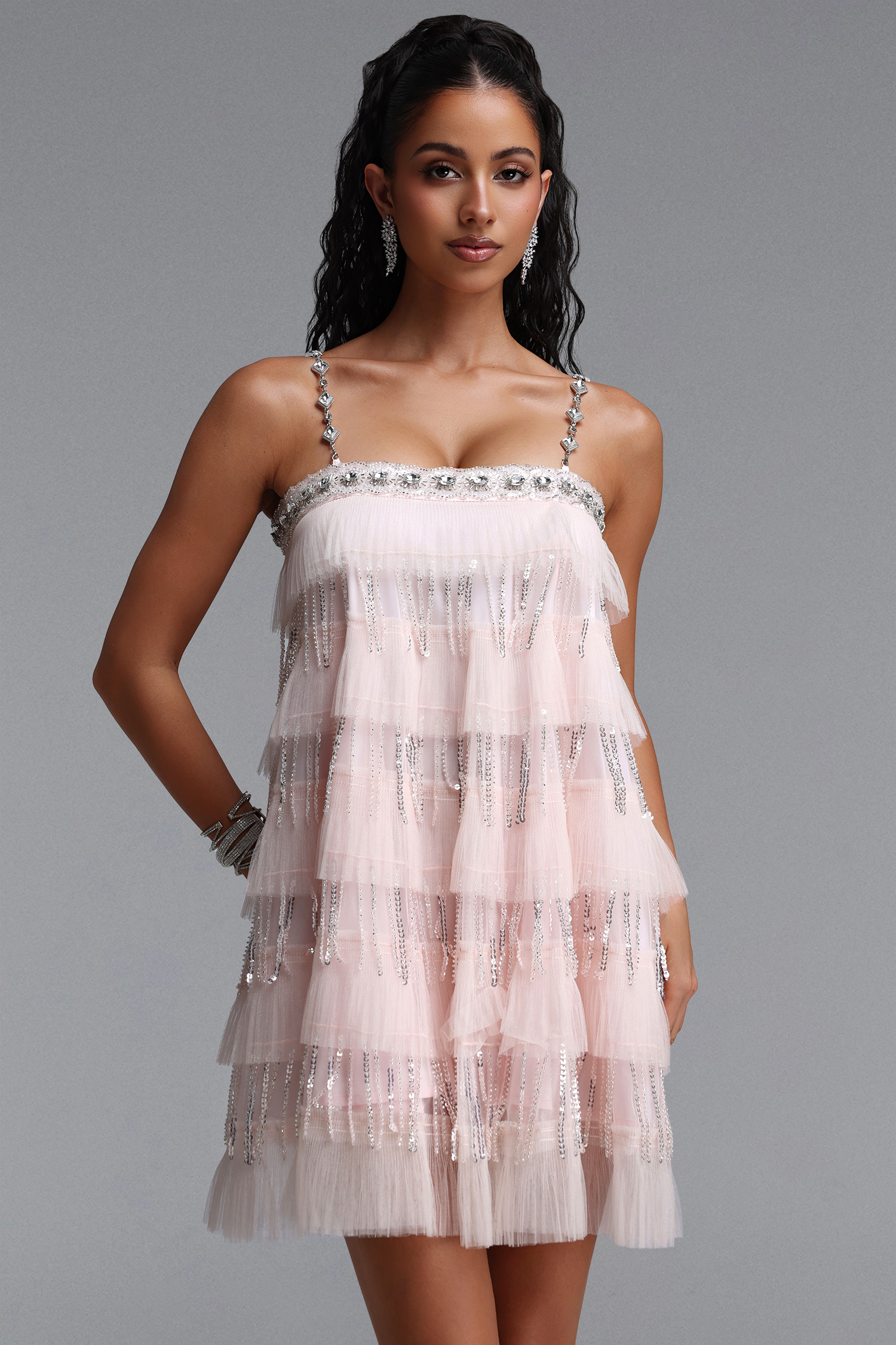 Umeko Elegant Flowy Tiered Ruffle Sequin Mini Dress