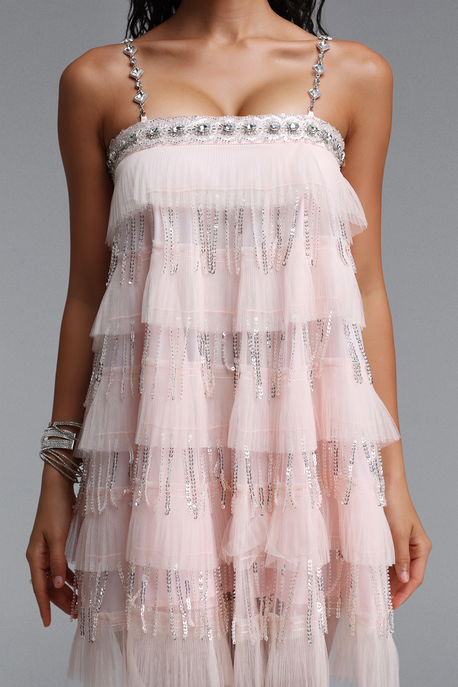 Umeko Elegant Flowy Tiered Ruffle Sequin Mini Dress