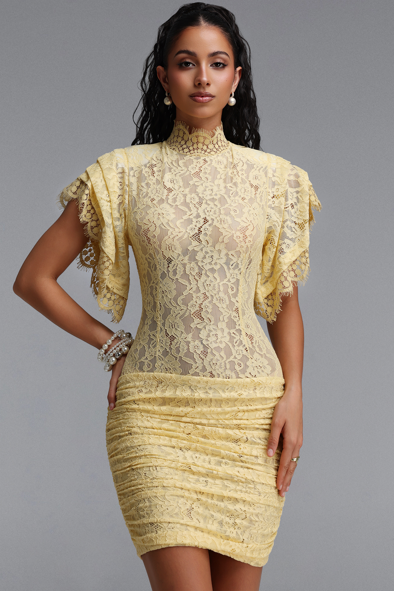 Flor Chic Contour High Neck Lace Ruched Mini Dress