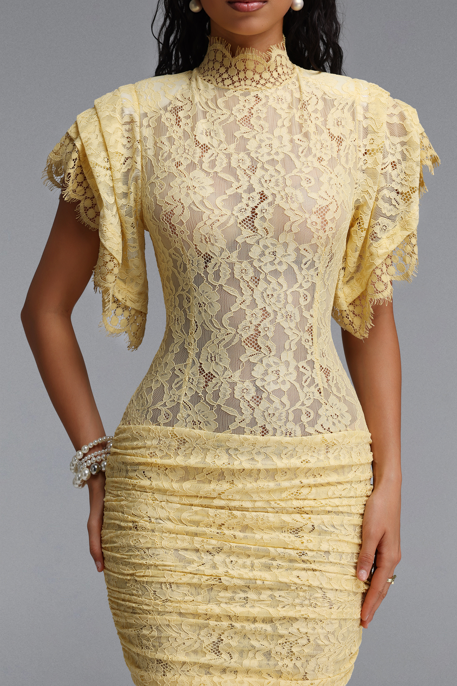 Flor Chic Contour High Neck Lace Ruched Mini Dress
