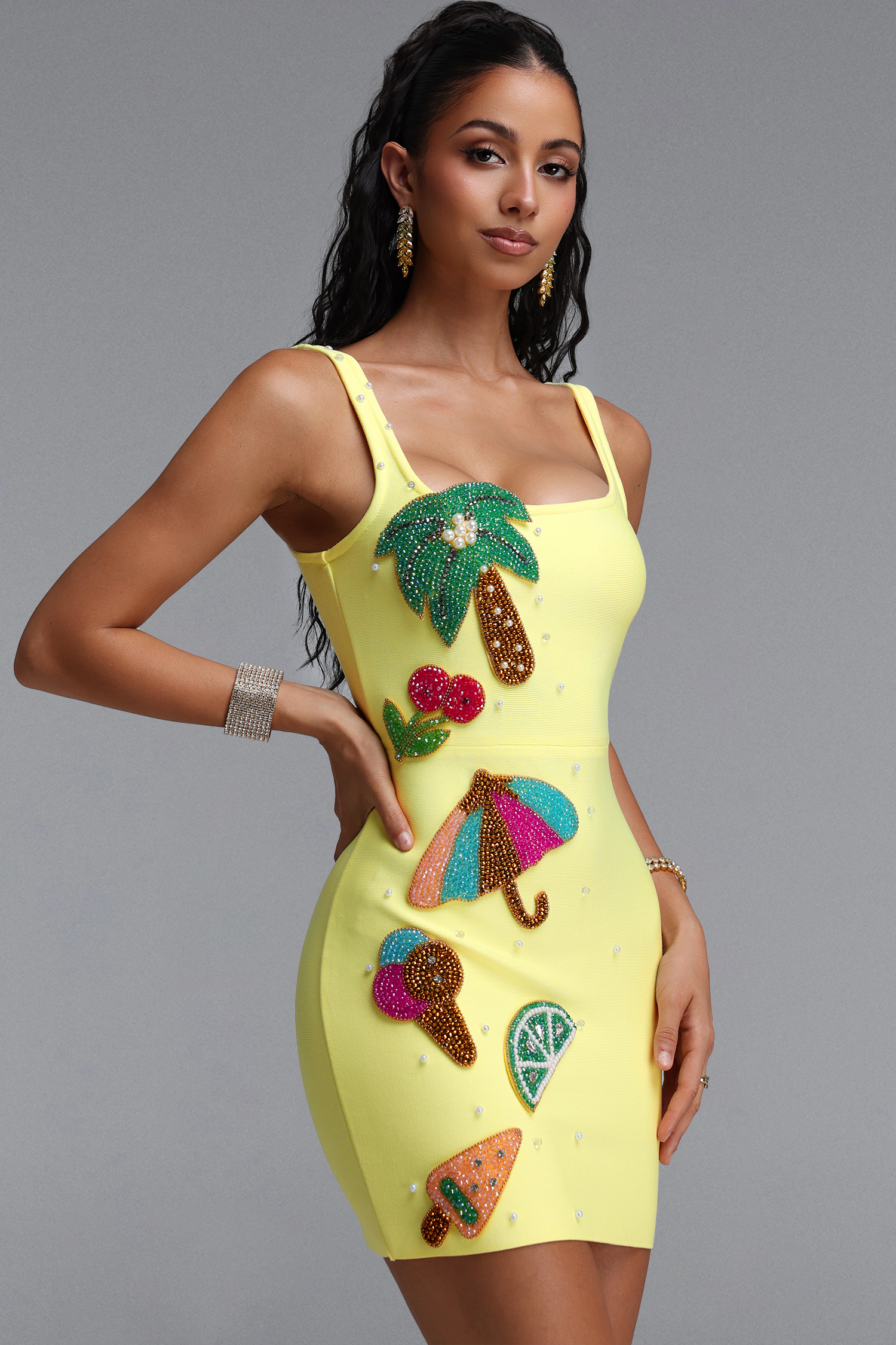 Felicia Chic Contour Square Neck Pearl Rhinestone Applique Bandage Mini Dress