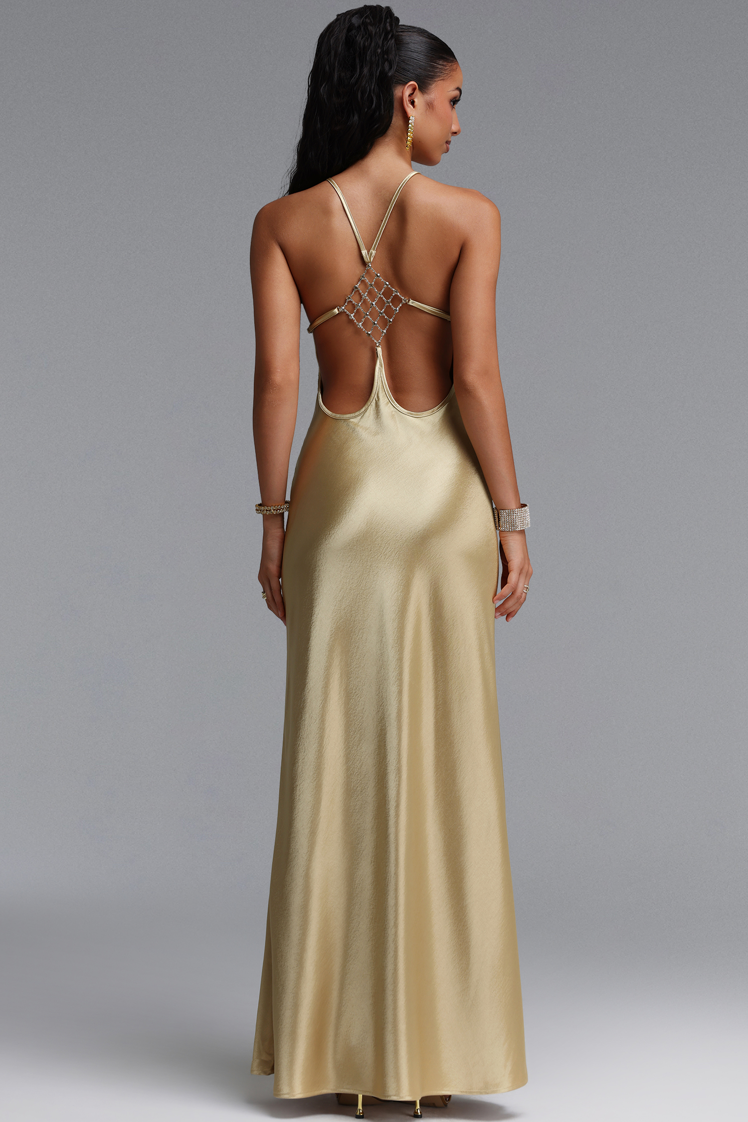 Letitia Elegant Luxe Contour Open Back Diamond Grid Rhinestone Satin Maxi Dress