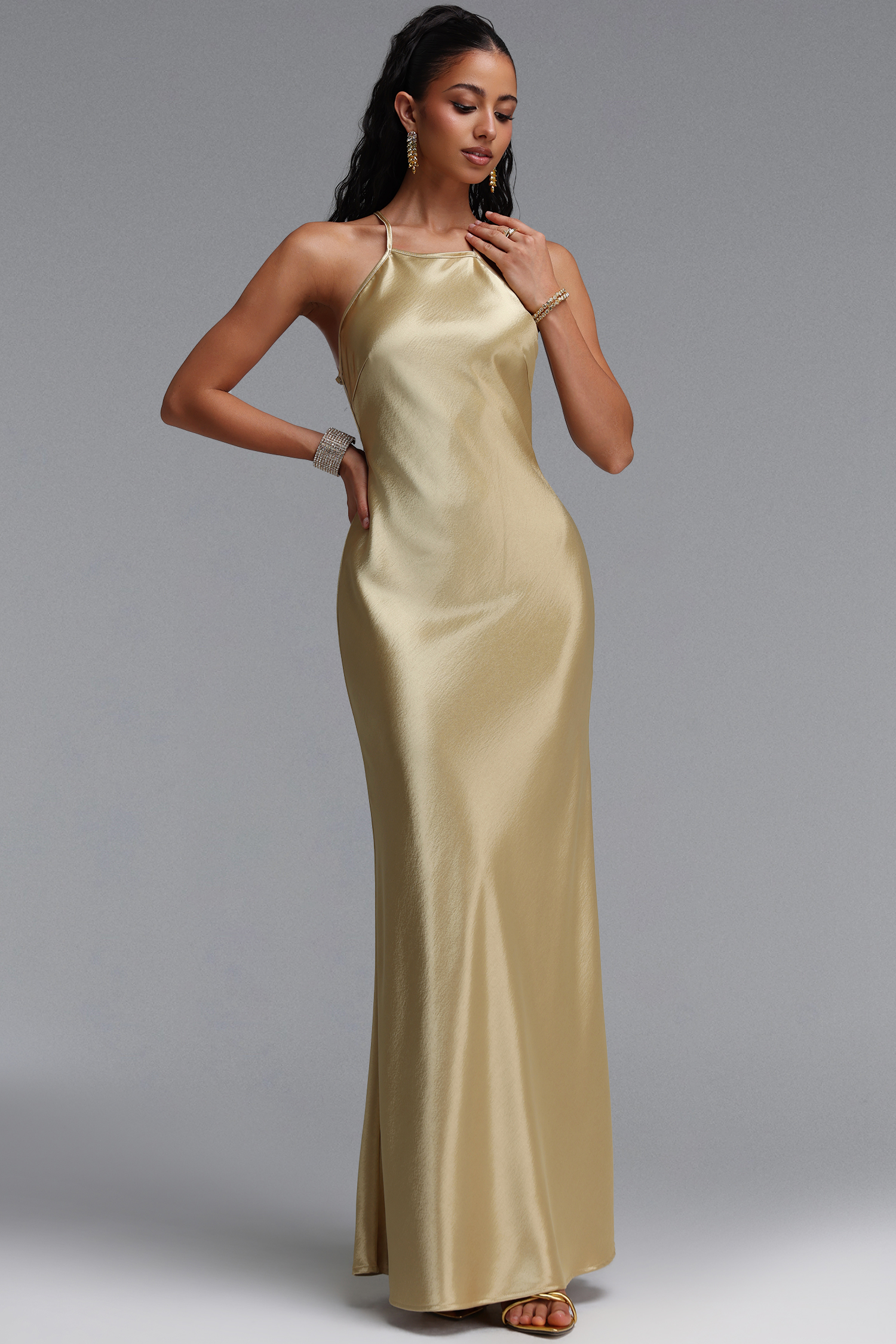 Letitia Elegant Luxe Contour Open Back Diamond Grid Rhinestone Satin Maxi Dress