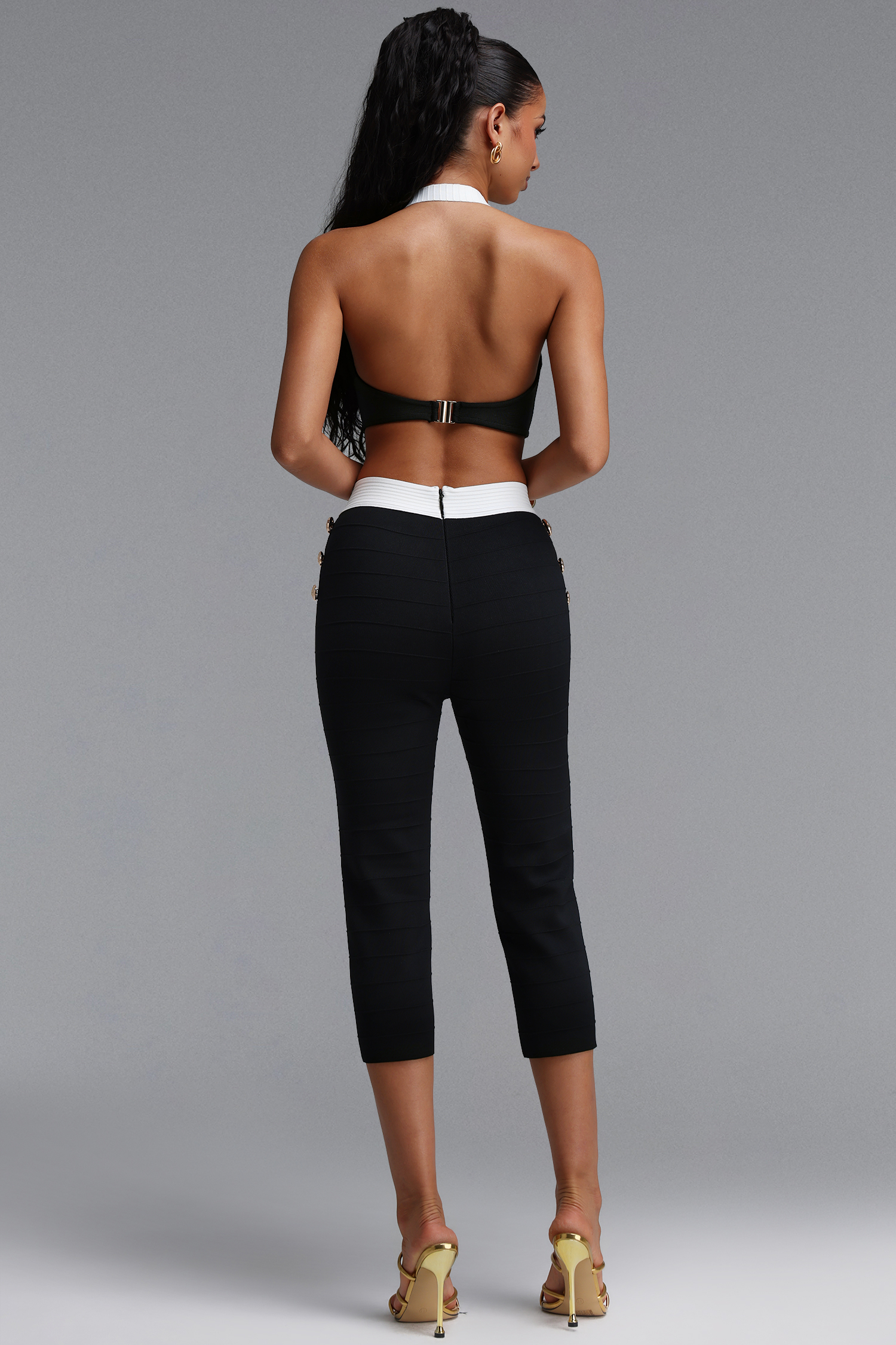 Elio Chic Contour Contrast Stripe Bandage Halter Top Skinny Pants Two Piece Set