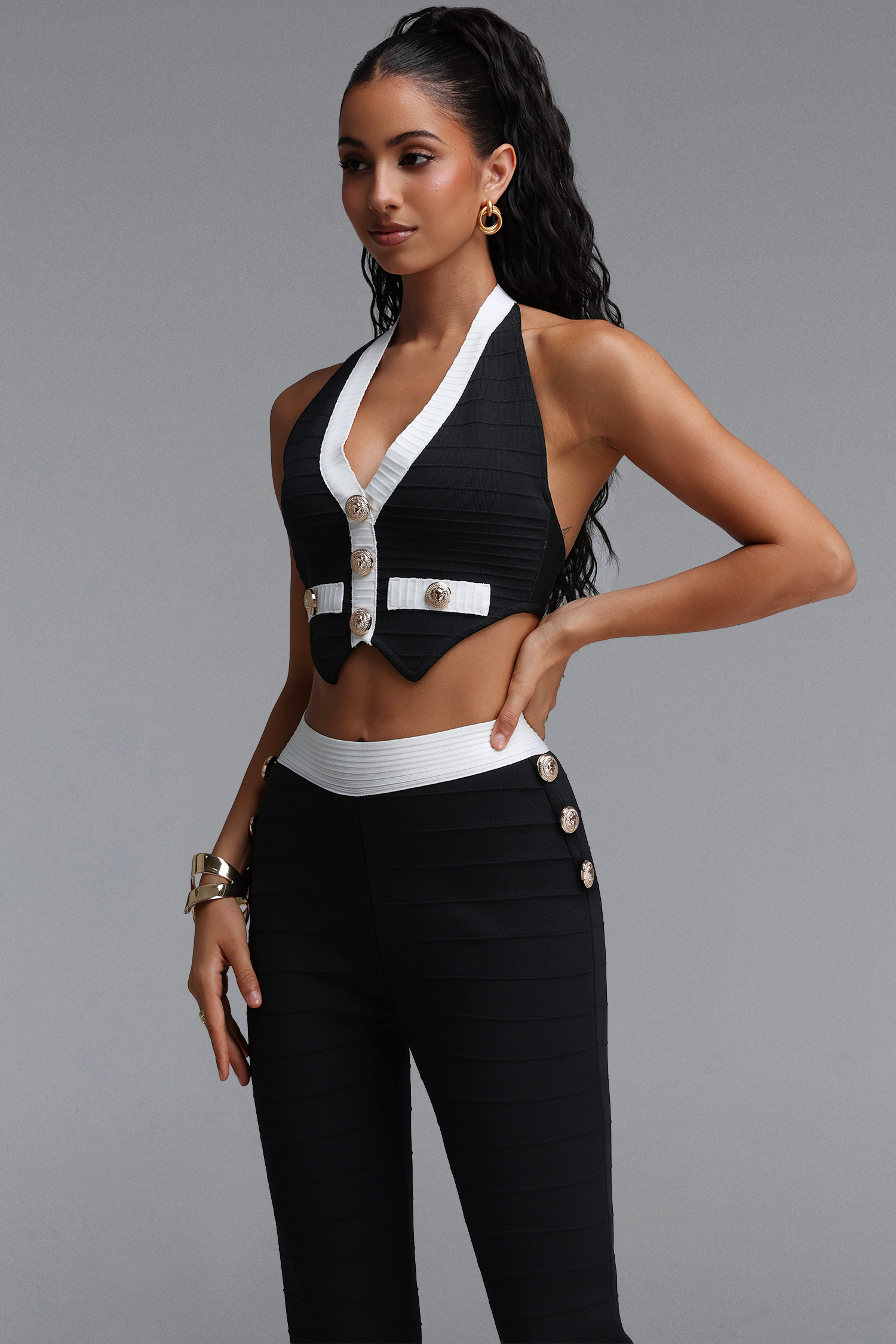 Elio Chic Contour Contrast Stripe Bandage Halter Top Skinny Pants Two Piece Set