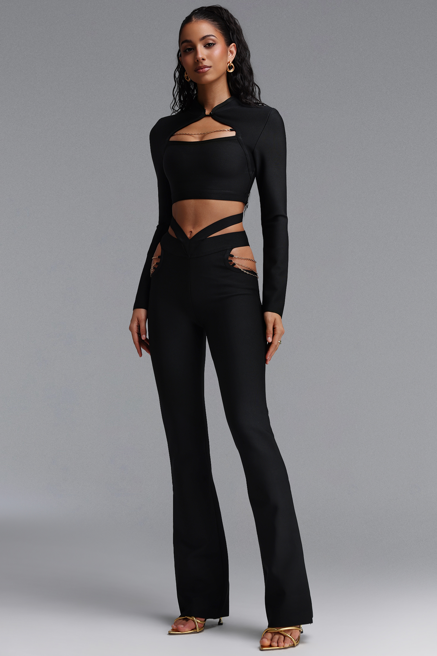 Tanria Chic Contour Long Sleeve Cut Out Top Metal Chain Flare Pant Two Piece Set