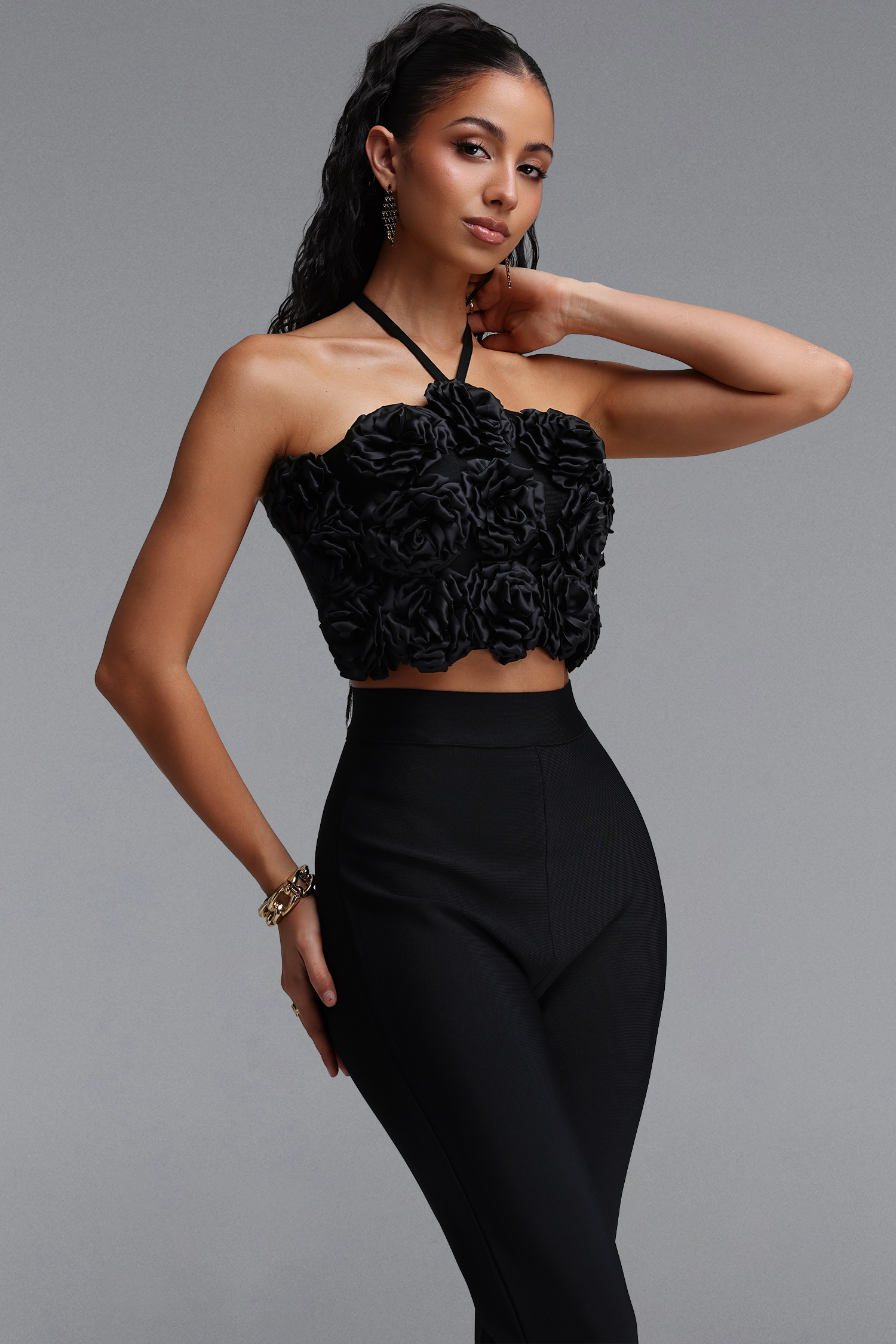 Ferean Stylish Halter Floral Mini Top And Slim Bandage Pants Two Piece Set
