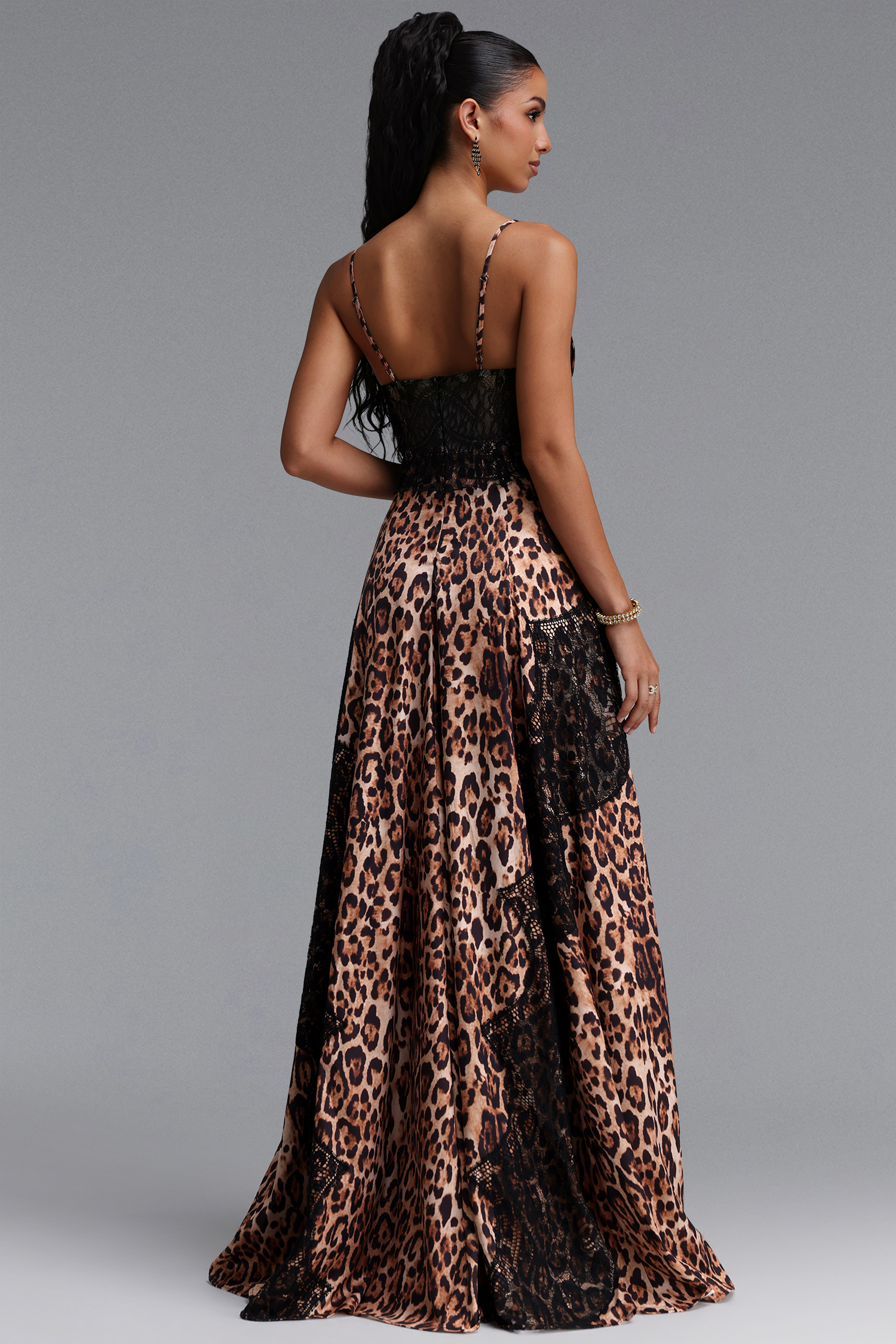 Salo Sophisticated Cinched Waist Lace Leopard Print Woven Maxi Dress