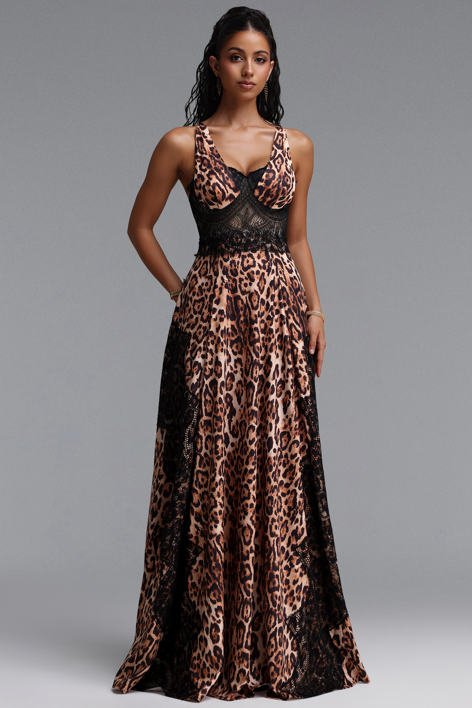 Salo Sophisticated Cinched Waist Lace Leopard Print Woven Maxi Dress