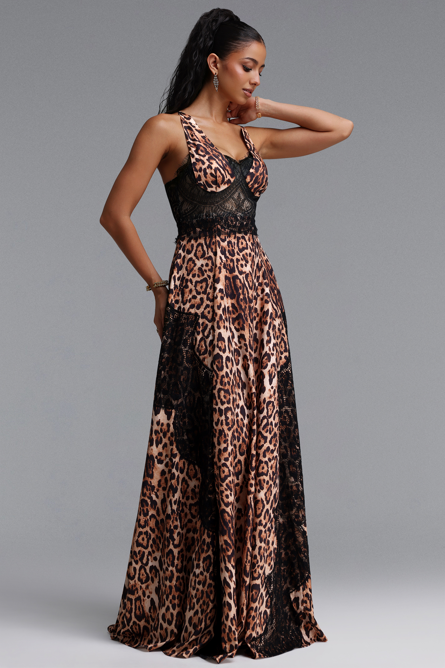 Salo Sophisticated Cinched Waist Lace Leopard Print Woven Maxi Dress