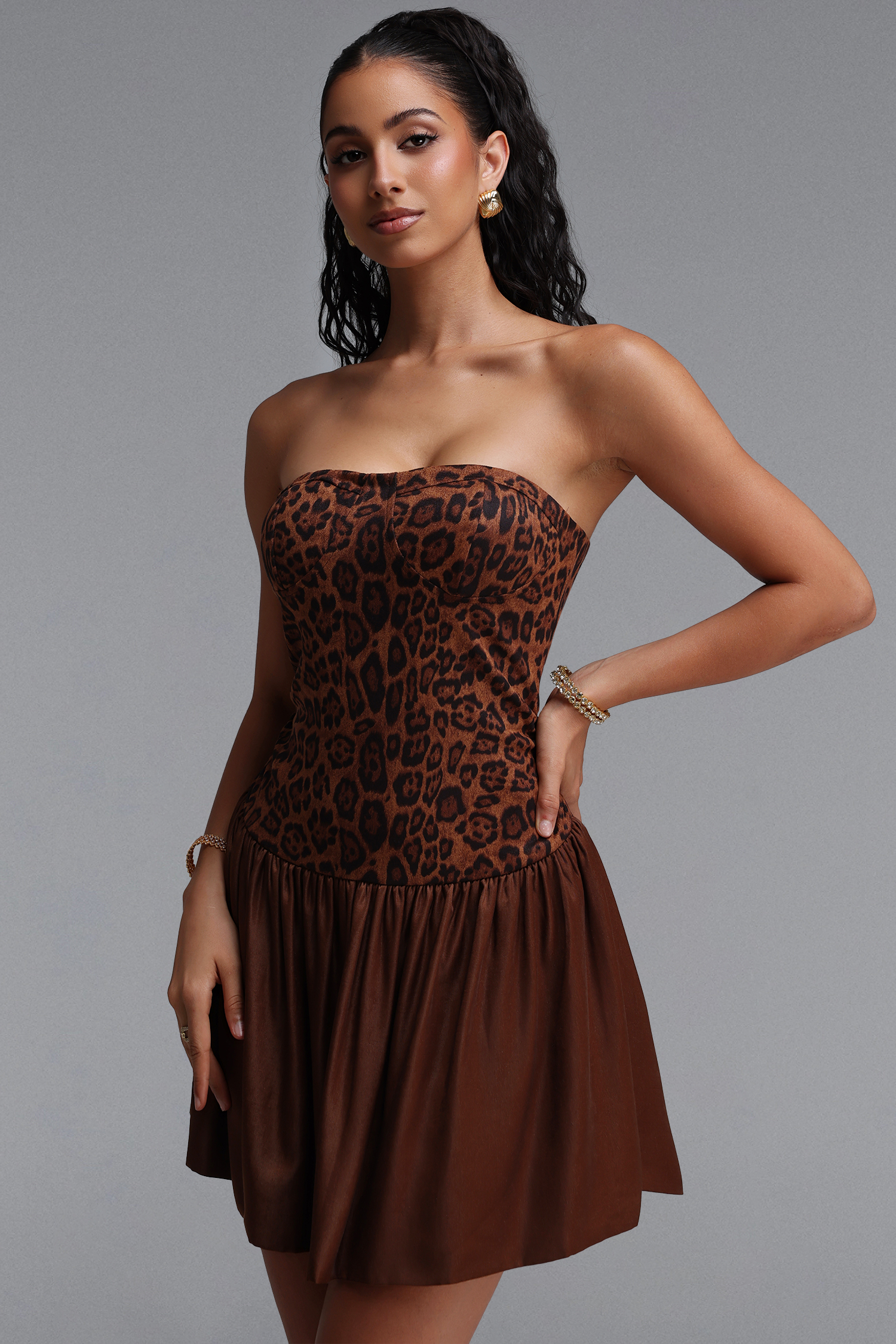 Yui Chic Cinched Waist Strapless Leopard Print Ruched Woven Mini Dress