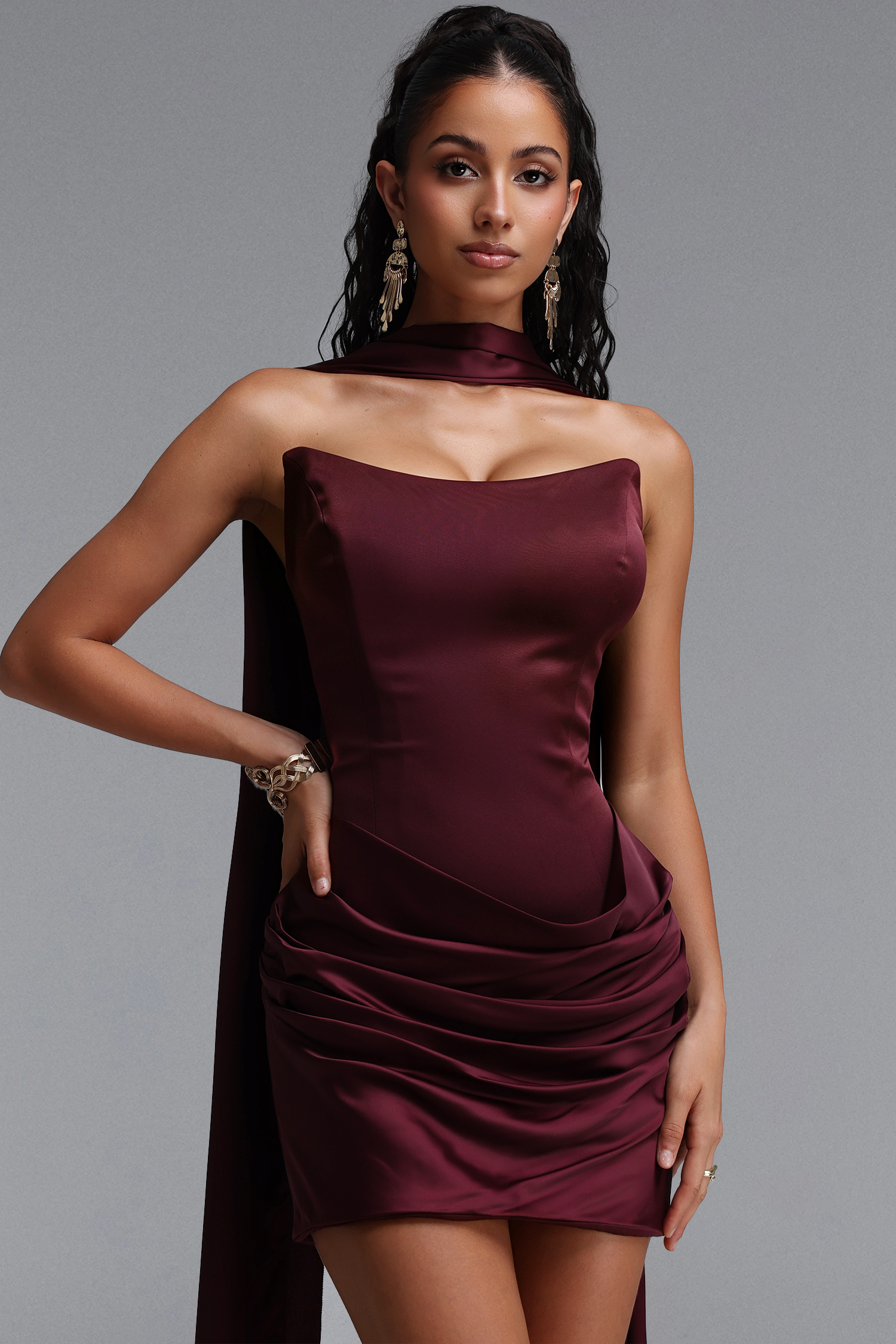 Demi Sexy Contour Strapless Ruched Sash Satin Mini Dress