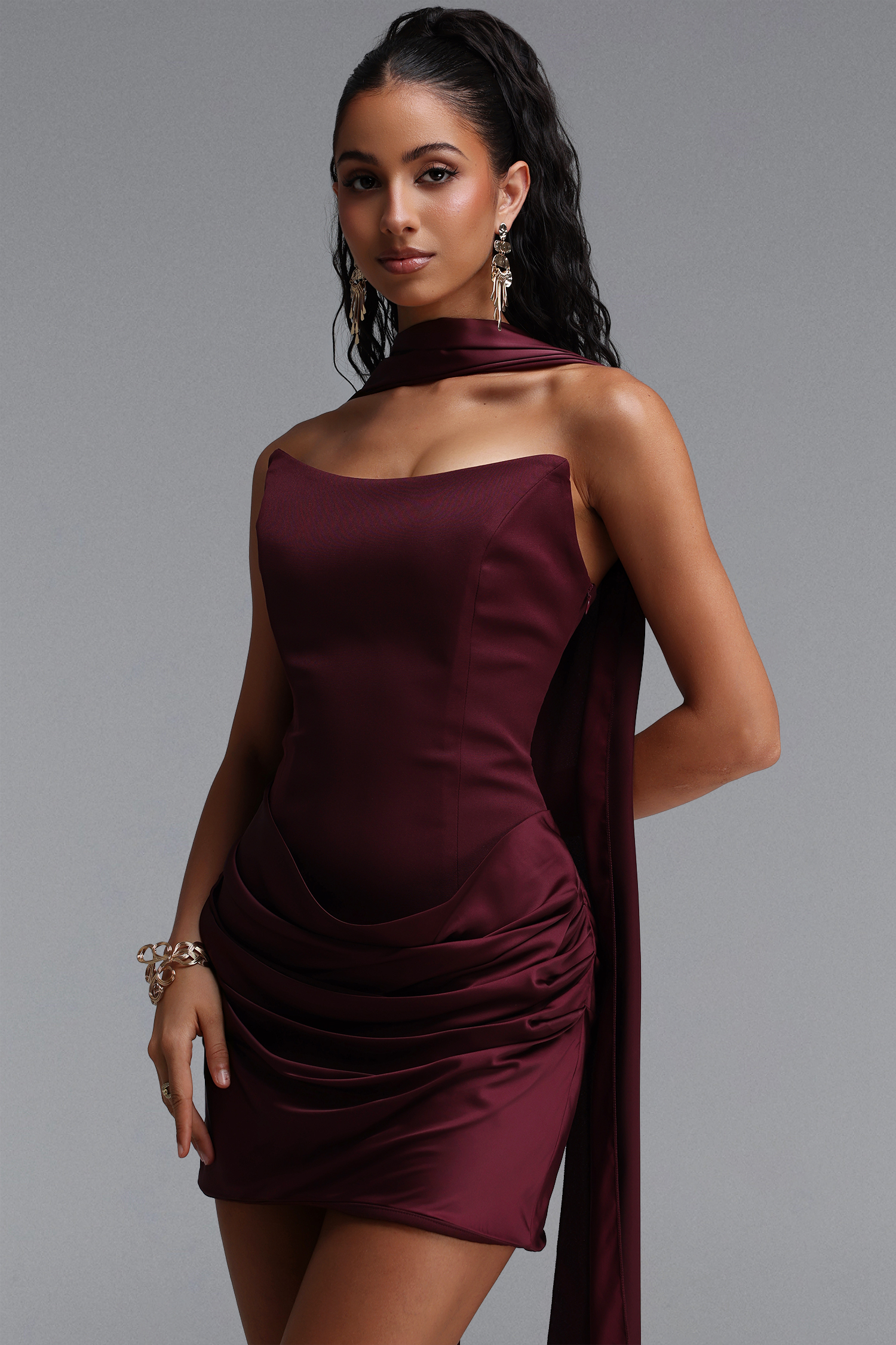 Demi Sexy Contour Strapless Ruched Sash Satin Mini Dress
