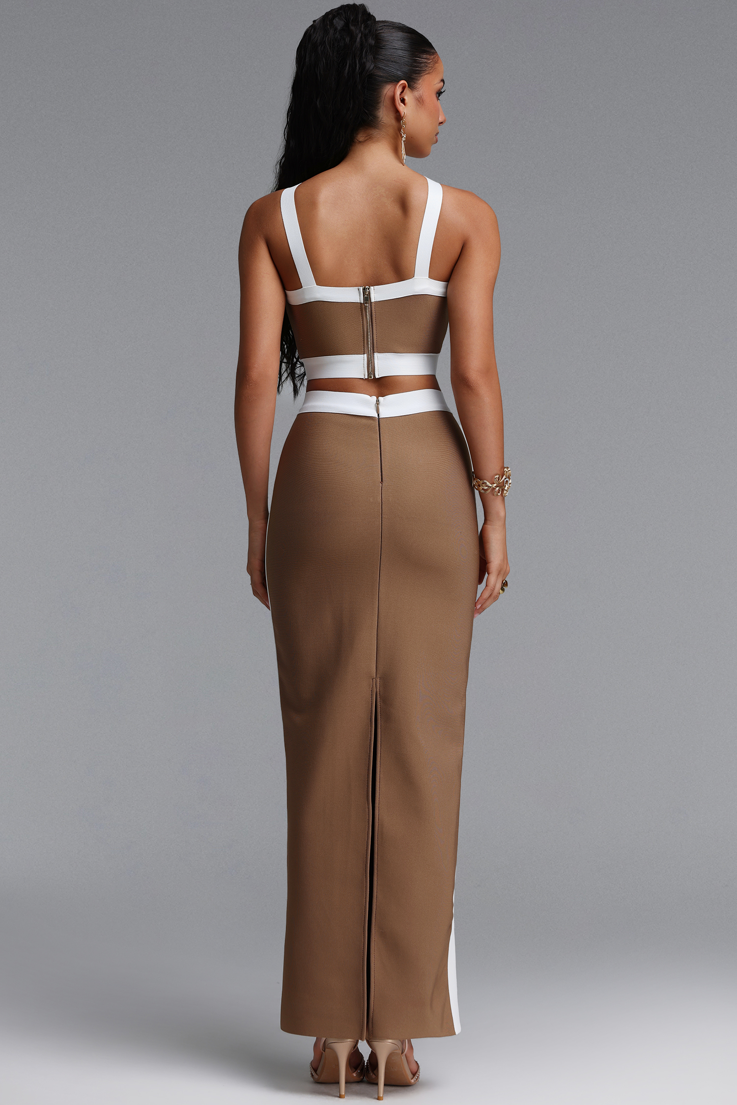 Tadeo Chic Contour Color Block Striped Top Bodycon Maxi Skirt Two Piece Set