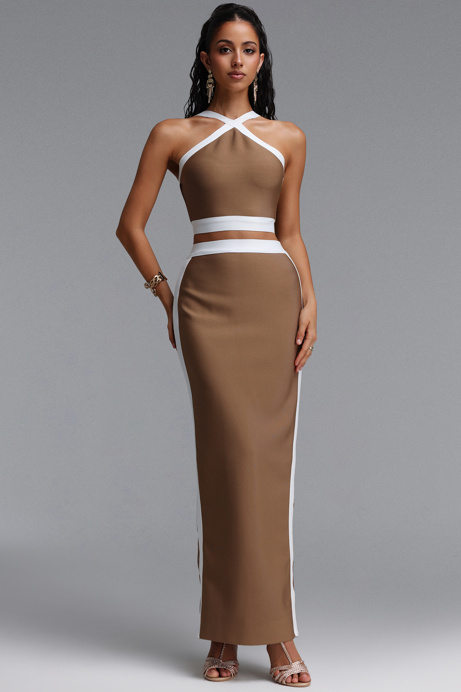 Tadeo Chic Contour Color Block Striped Top Bodycon Maxi Skirt Two Piece Set