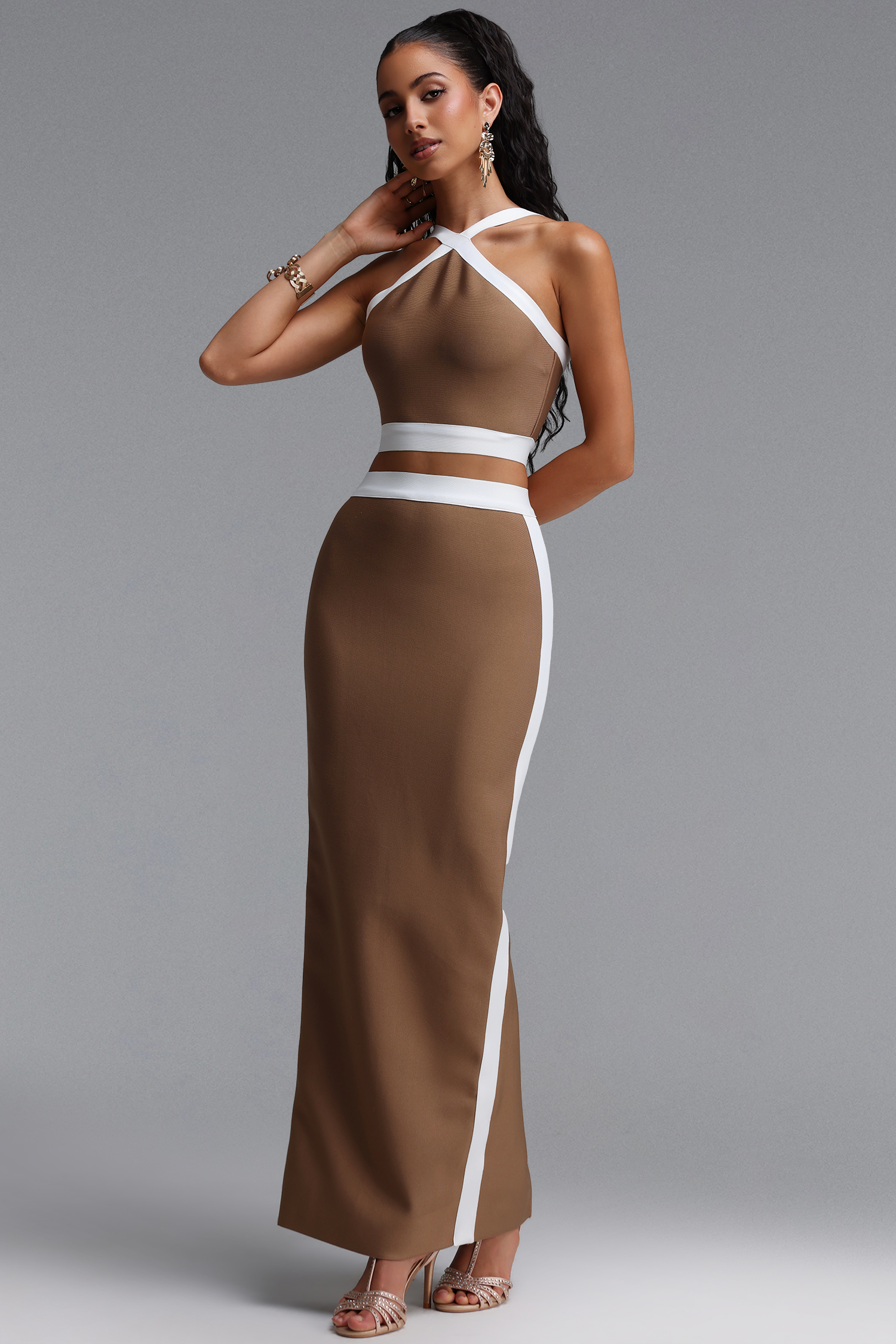 Tadeo Chic Contour Color Block Striped Top Bodycon Maxi Skirt Two Piece Set