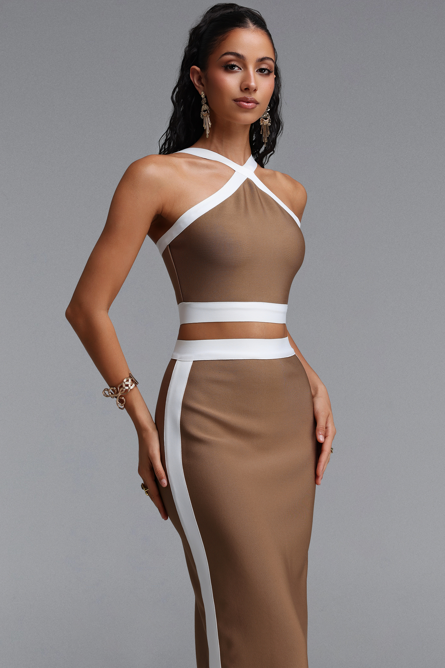 Tadeo Chic Contour Color Block Striped Top Bodycon Maxi Skirt Two Piece Set