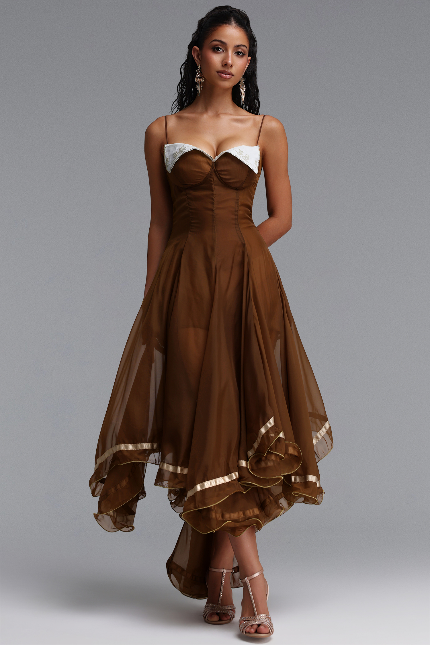 Viya Elegant Contour Spaghetti Strap Embroidered Lapel Tulle Maxi