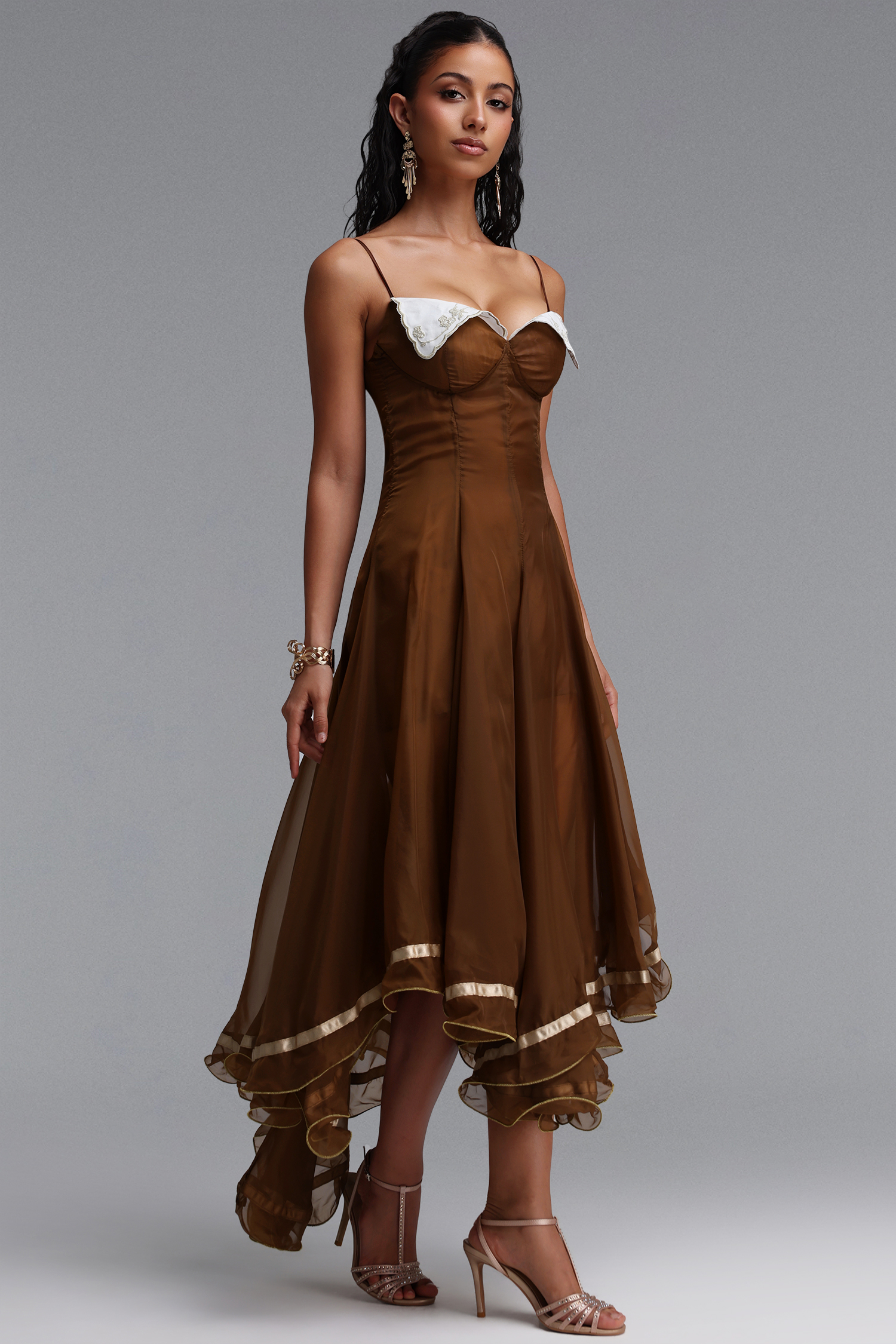 Viya Elegant Contour Spaghetti Strap Embroidered Lapel Tulle Maxi Dress