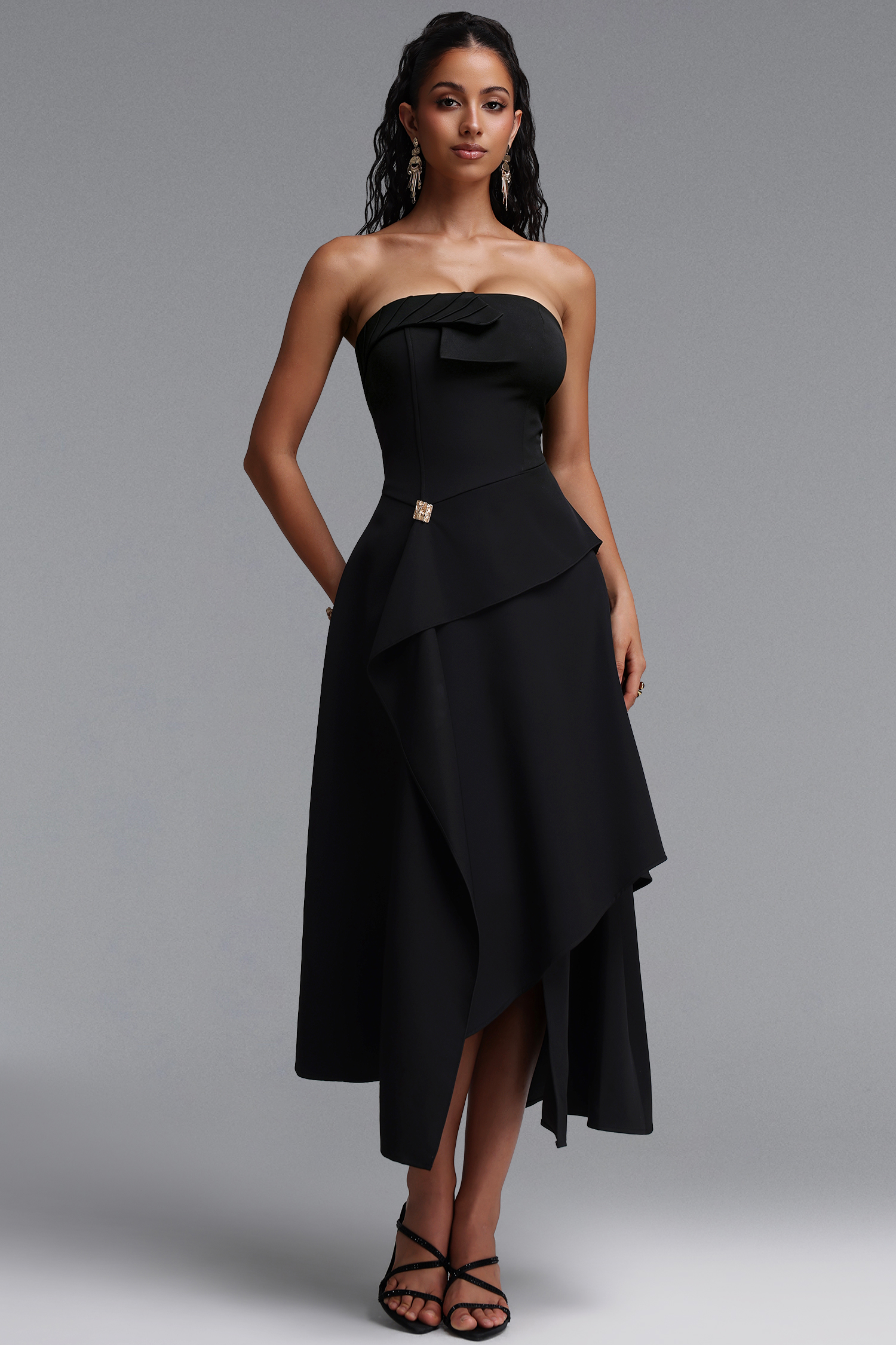 Juliy Sophisticated Cinched Waist Strapless Deconstructed Woven Maxi Dress