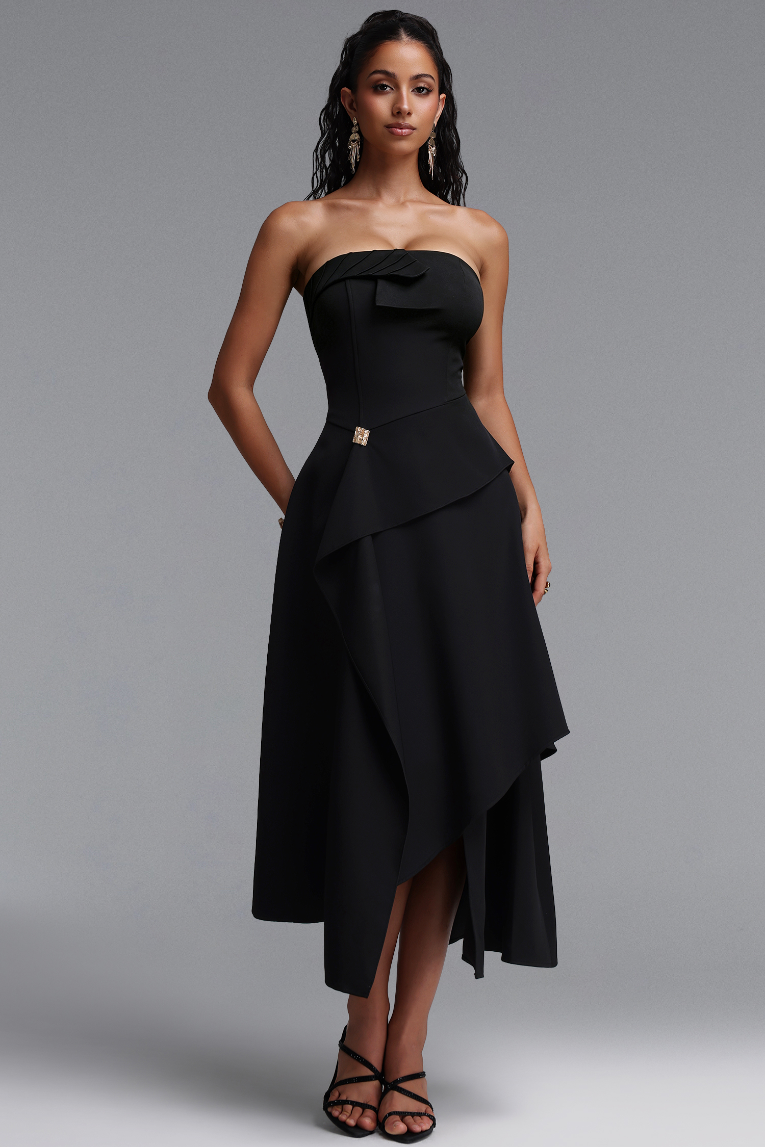 Juliy Sophisticated Cinched Waist Strapless Deconstructed Woven Maxi Dress