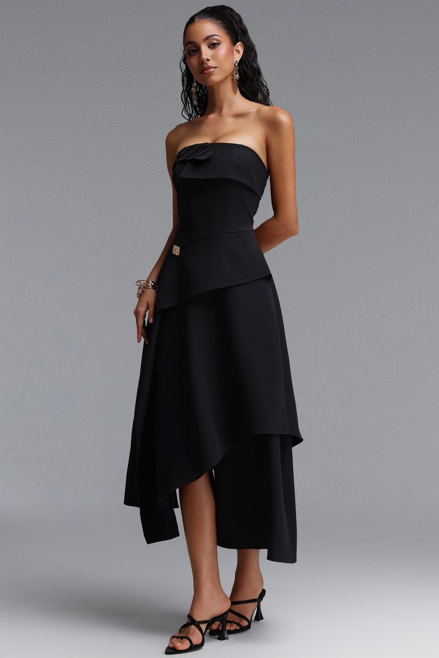 Juliy Sophisticated Cinched Waist Strapless Deconstructed Woven Maxi Dress