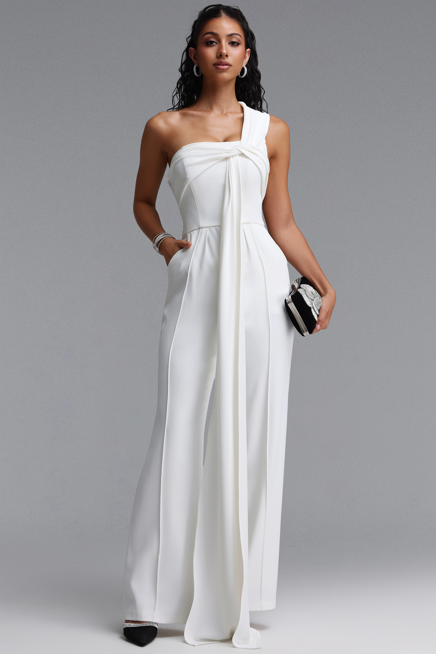 Lexy Elegant One Shoulder Knot Pleated Long Jumpsuit