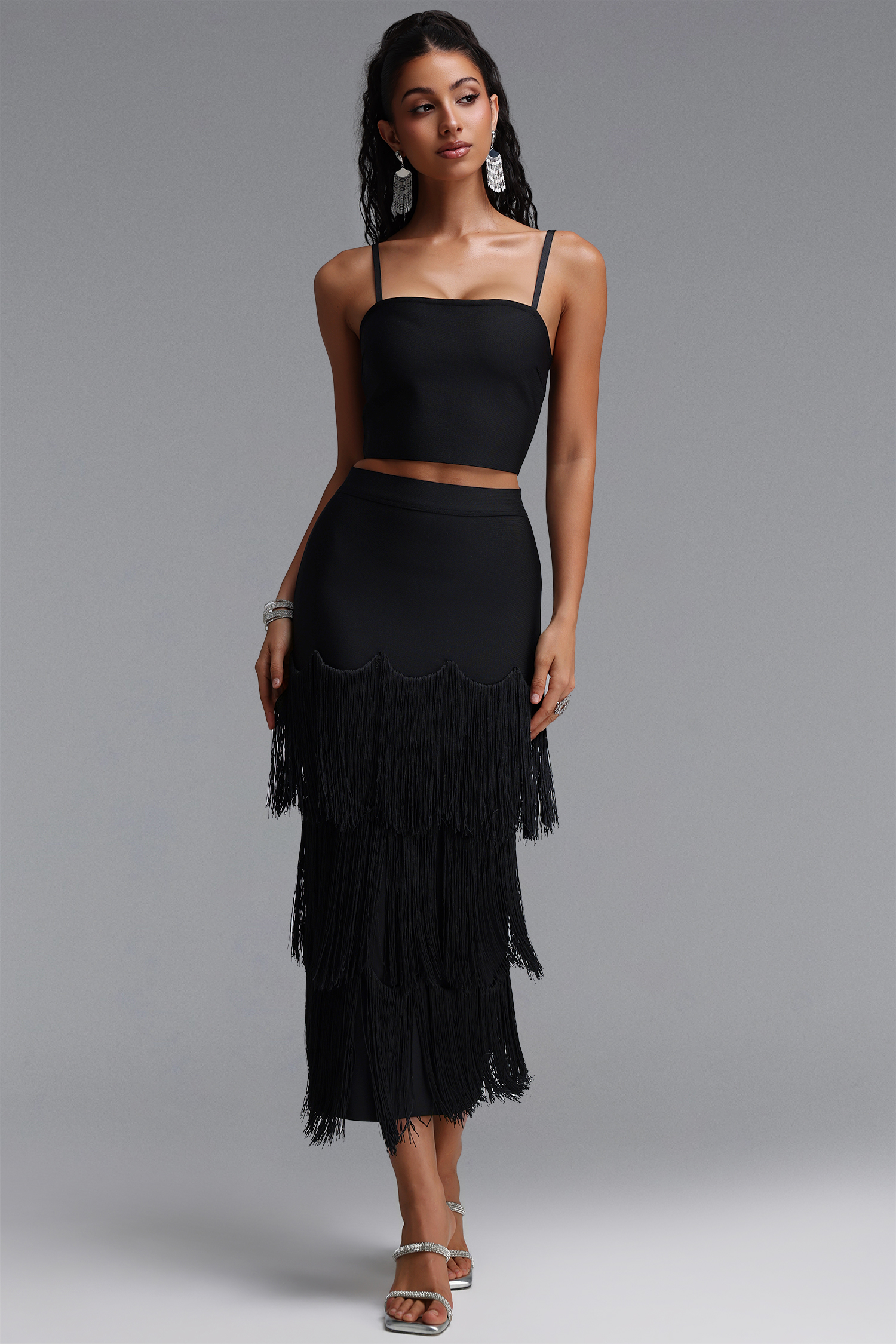 Valerie Chic Contour Cami Strap Top Tassel Bandage Two Piece Set