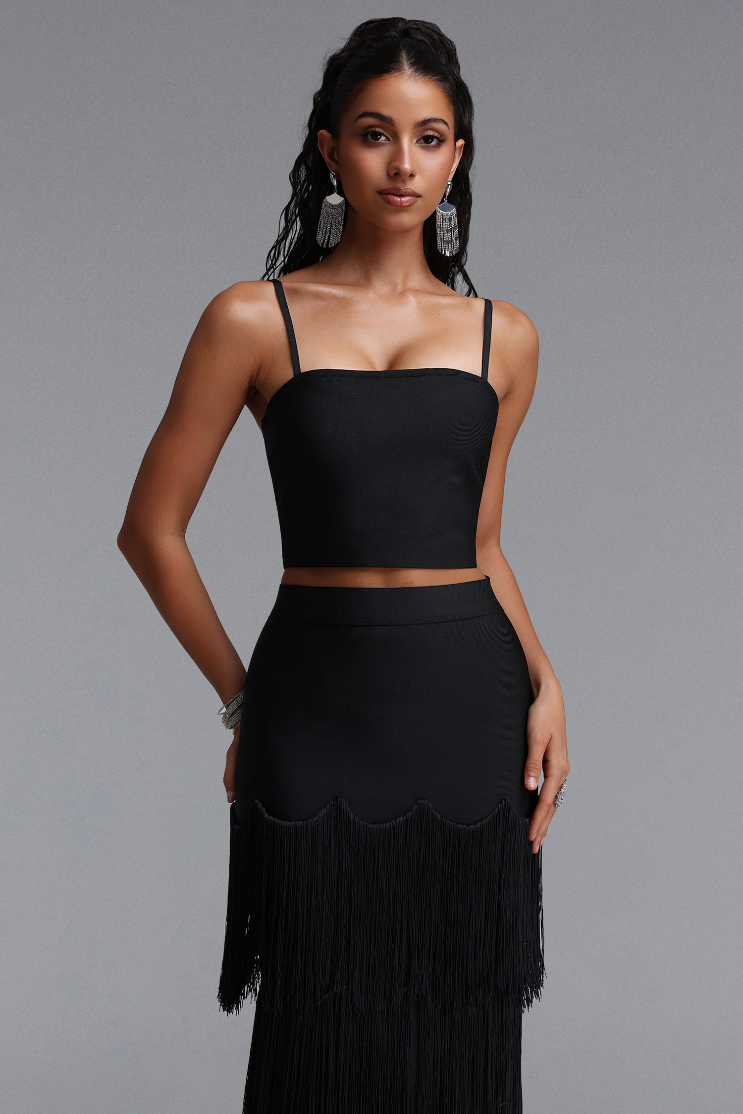 Valerie Chic Contour Cami Strap Top Tassel Bandage Two Piece Set