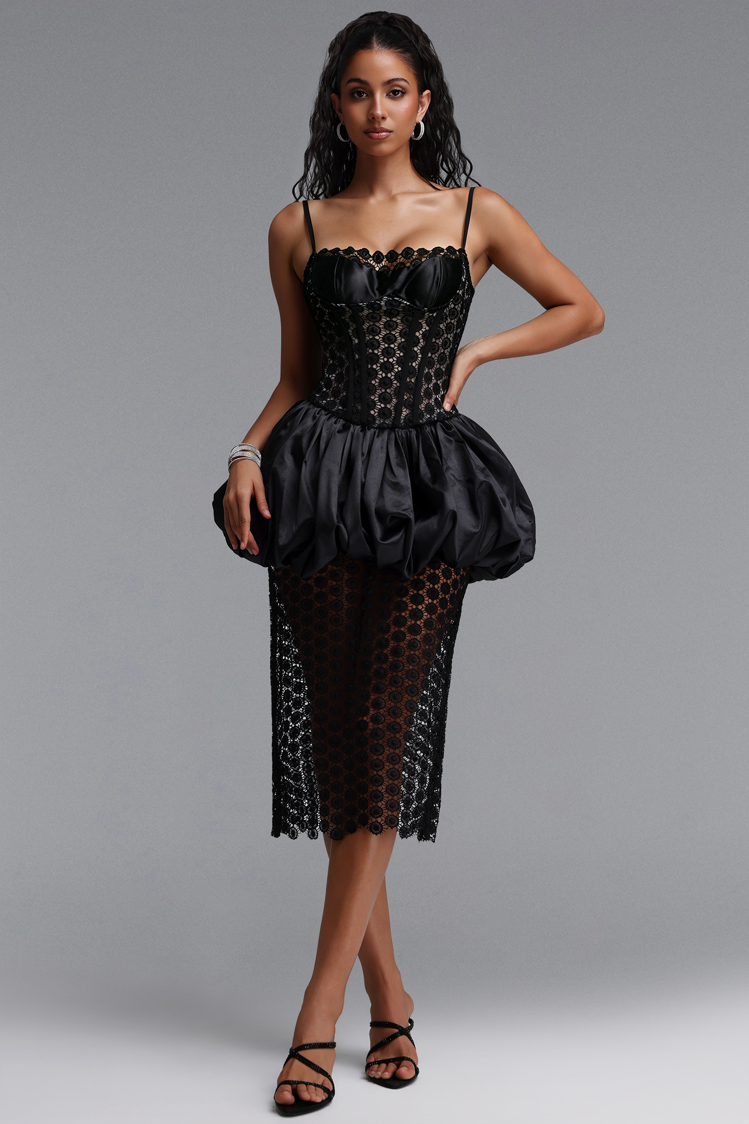 Habiba Chic Cinched Waist Spaghetti Strap Boned Lace Midi Dress