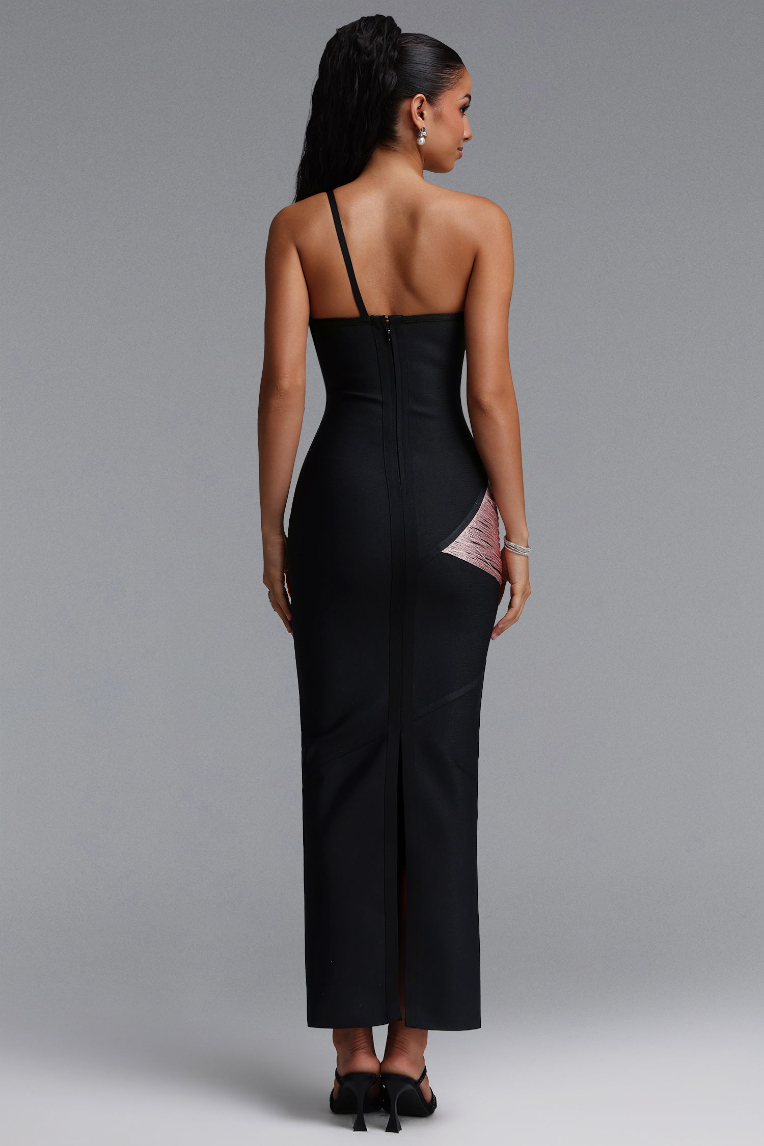 Roanna One Shoulder Sleeveless Pink Tassels Bandage Black Maxi Dress