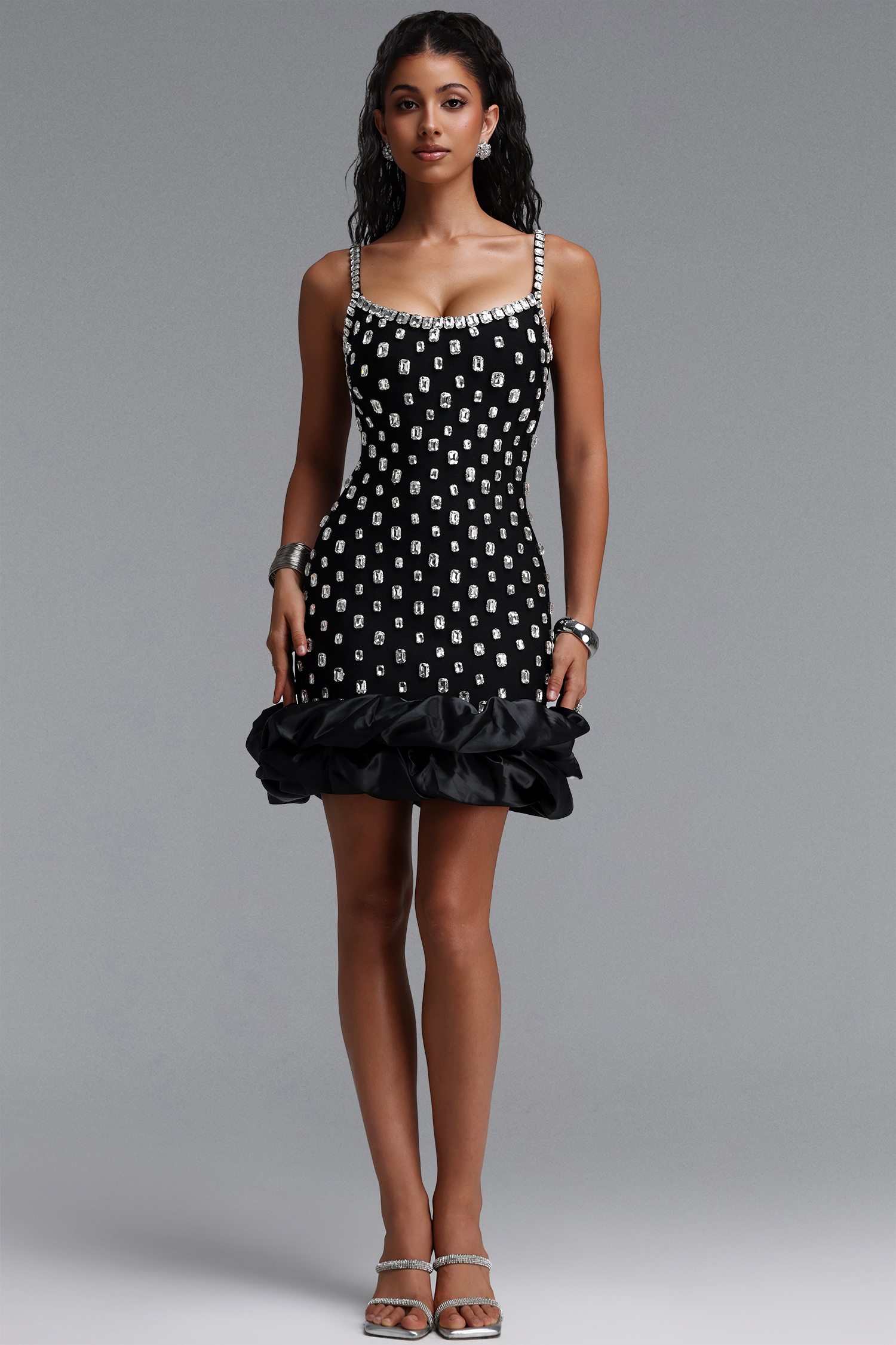 Francina Exquisite Contour Cami Strap Rhinestone Ruffle Black Bandage Mini Dress