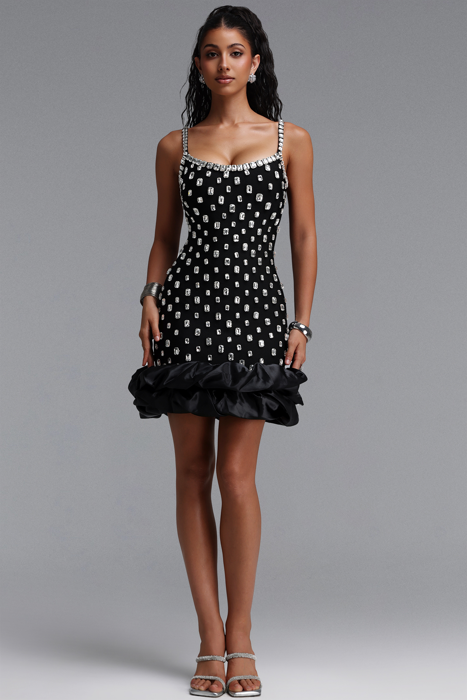 Francina Exquisite Contour Cami Strap Rhinestone Ruffle Black Bandage Mini Dress