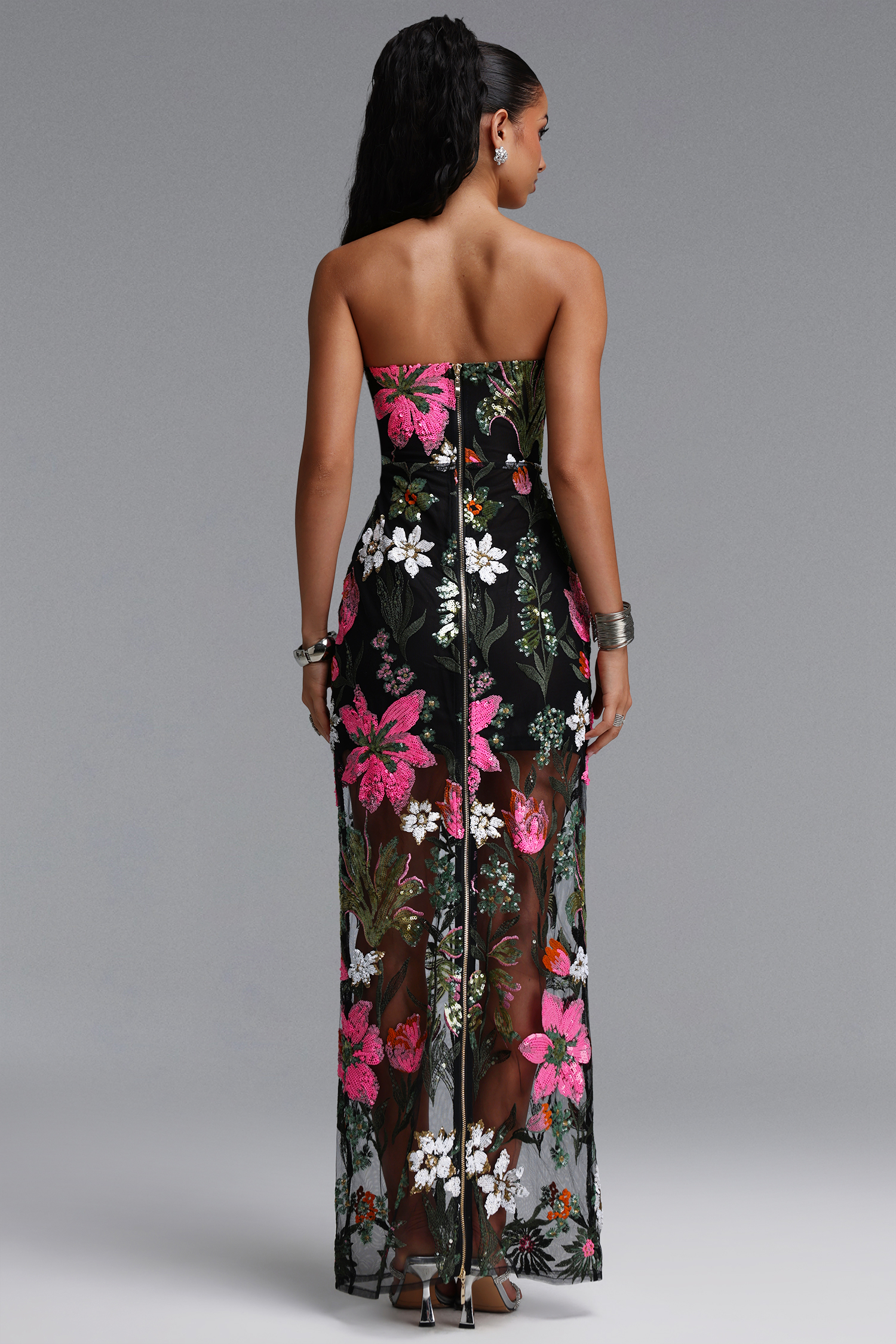 Sue Elegant Contour Strapless Sequin Embroidered Tulle Maxi Dress