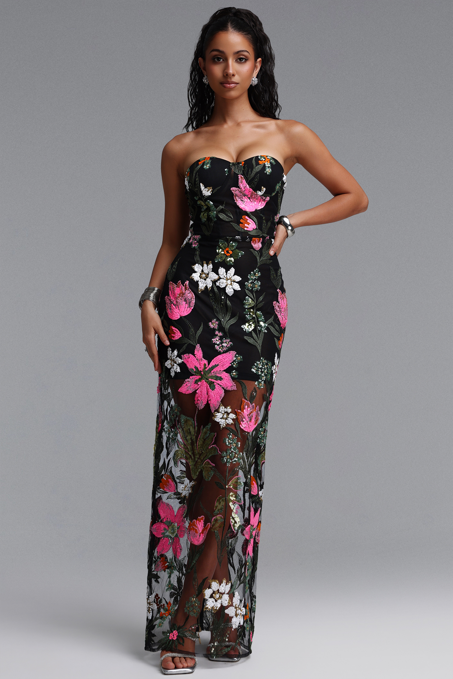 Sue Elegant Contour Strapless Sequin Embroidered Tulle Maxi Dress