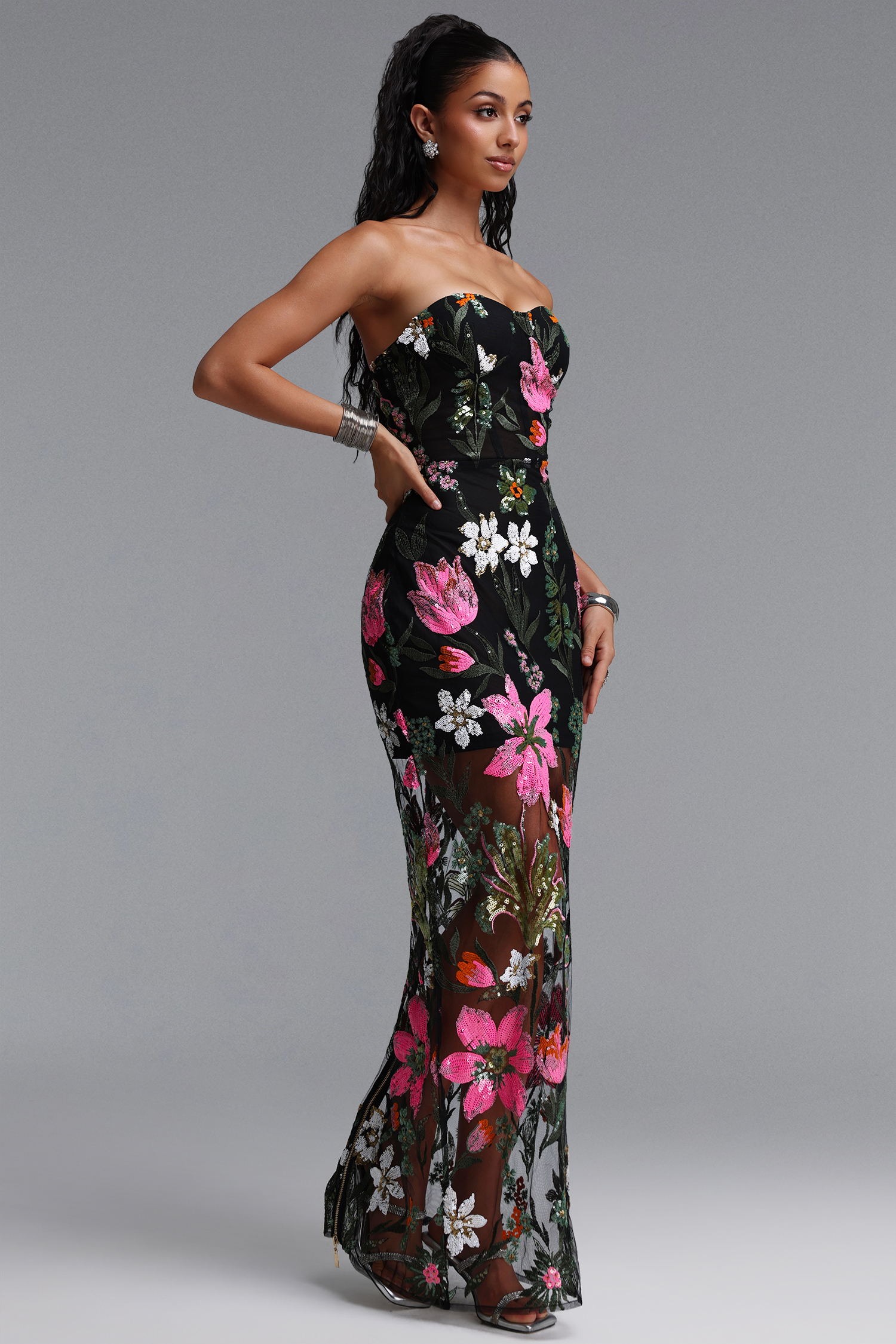 Sue Elegant Contour Strapless Sequin Embroidered Tulle Maxi Dress