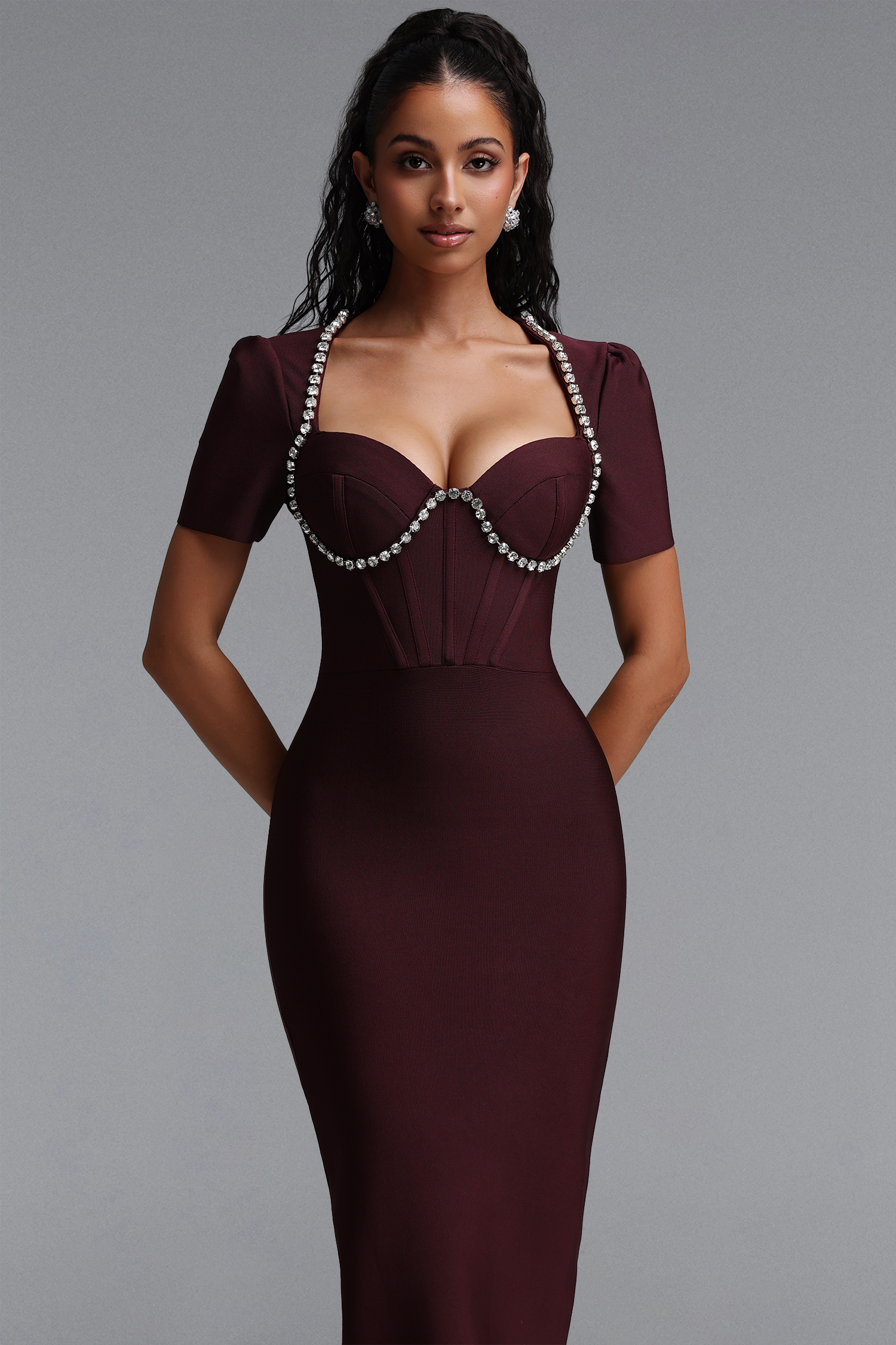 Jamie Elegant Contour Short Sleeve Rhinestone Bandage Midi Dress