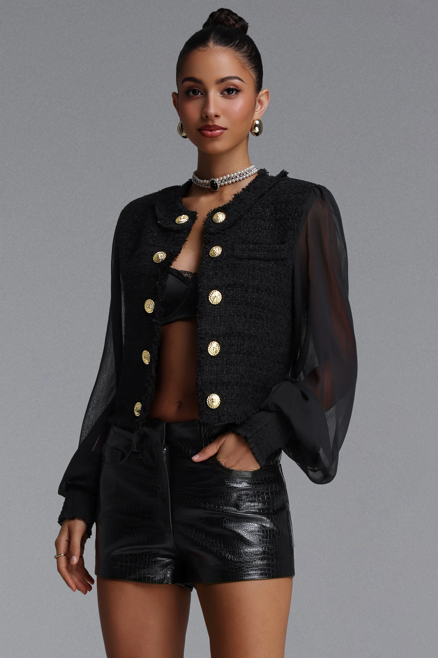 Yvette Chic Tailored Chiffon Long Sleeve Tweed Blazer