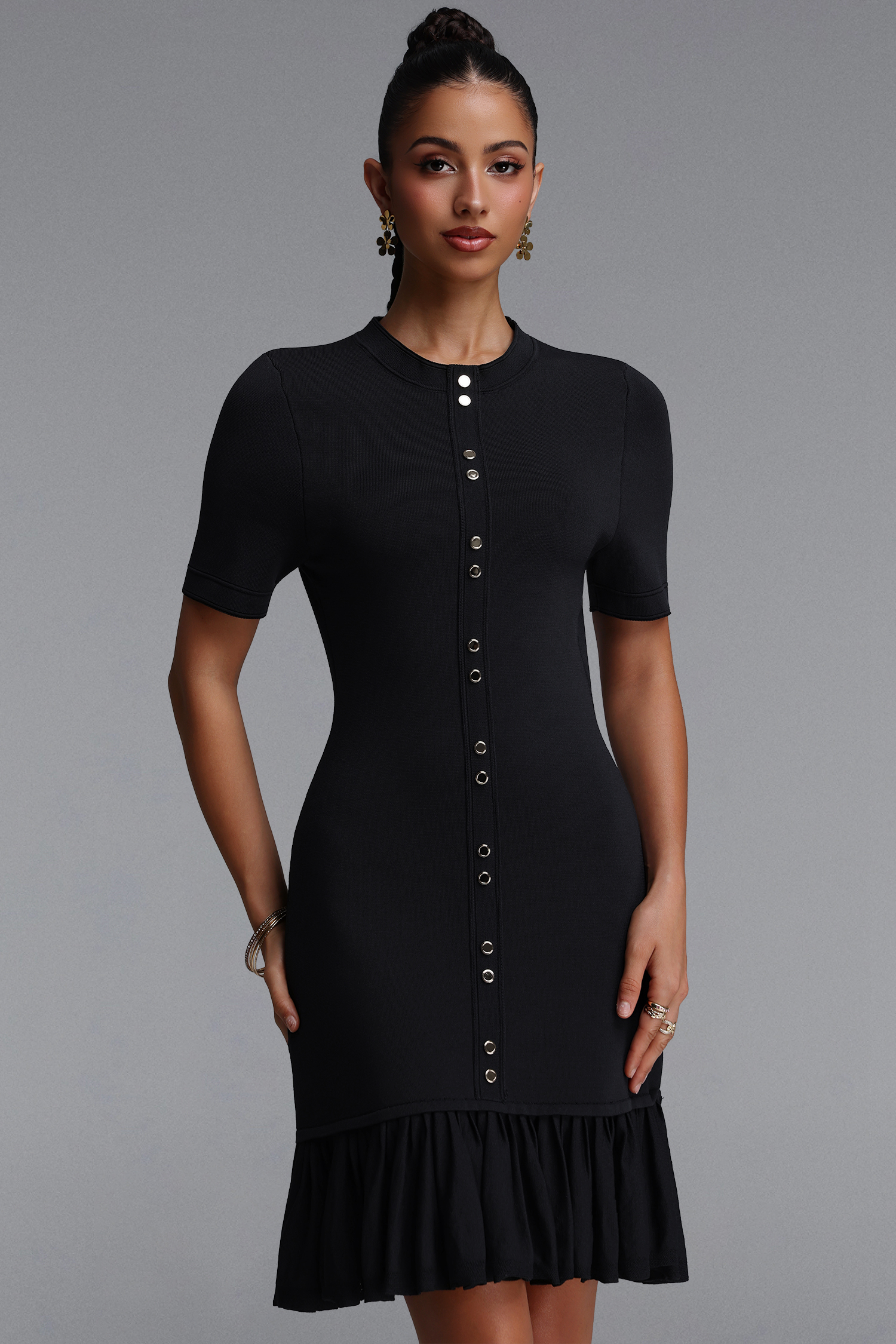 Ketrina Elegant Contour Round Neck Short Sleeve Ruffle Bandage Mini Dress