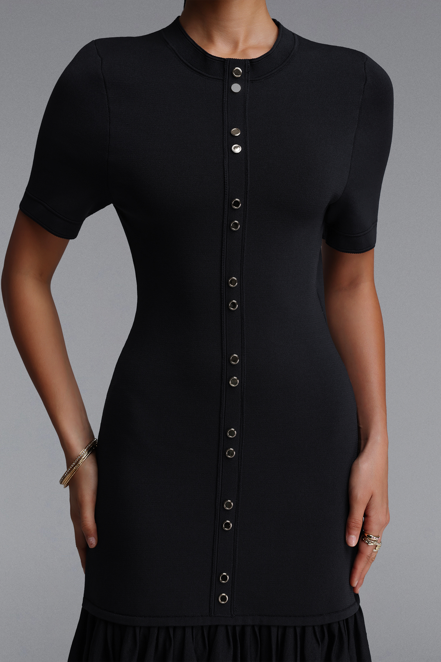 Ketrina Elegant Contour Round Neck Short Sleeve Ruffle Bandage Mini Dress