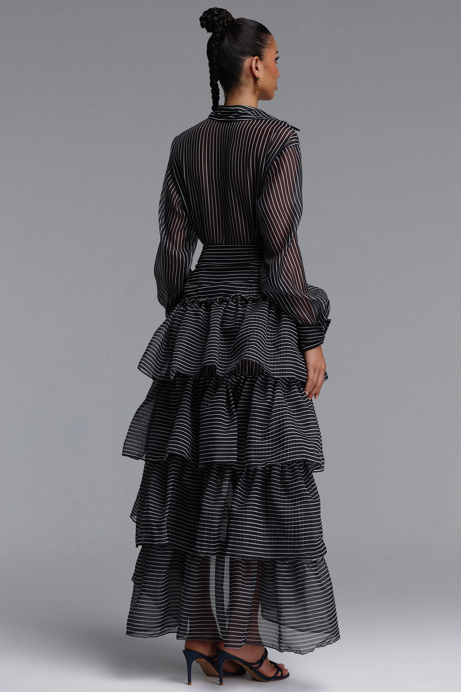 Glenda Chic Tailored Long Sleeve Tiered Ruffle Striped Woven Top and Skirt Two Piece Set