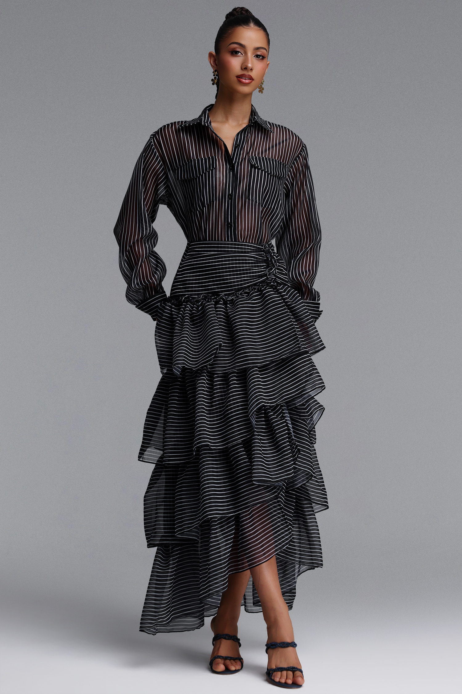 Glenda Chic Tailored Long Sleeve Tiered Ruffle Striped Woven Top and Skirt Two Piece Set