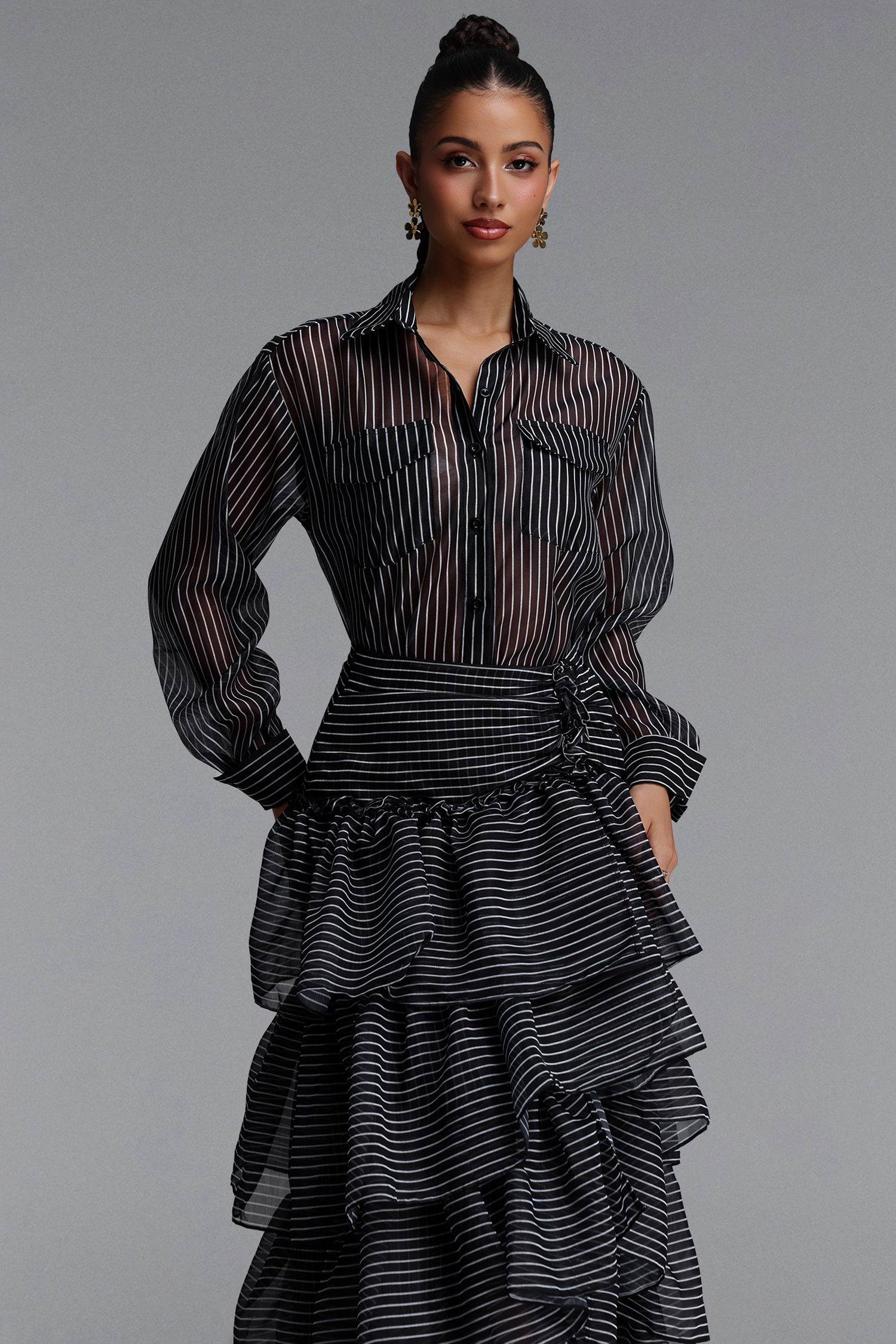 Glenda Chic Tailored Long Sleeve Tiered Ruffle Striped Woven Top and Skirt Two Piece Set